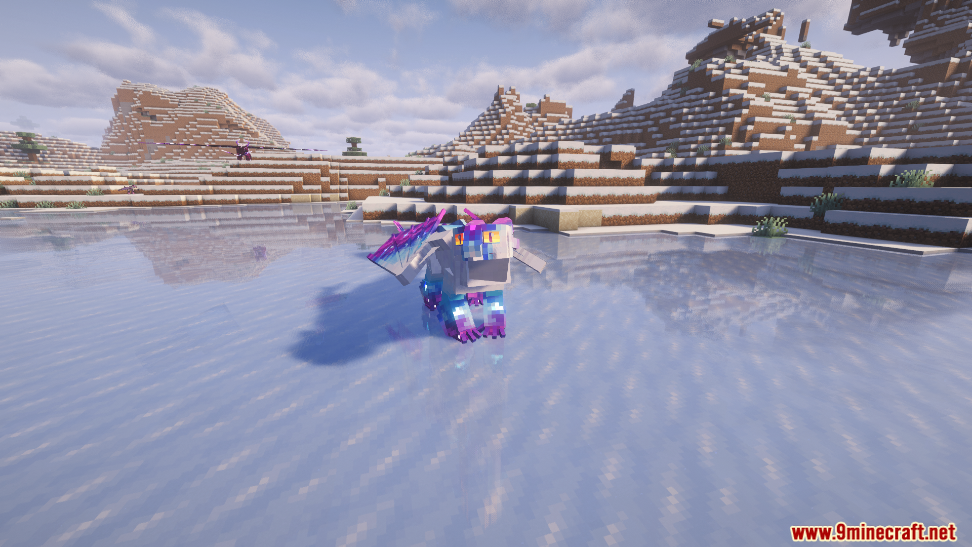 A colorful dragon stands on a frozen lake