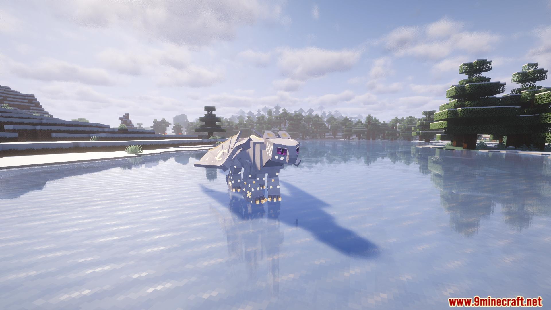 A white dragon with glowing spots on the ice