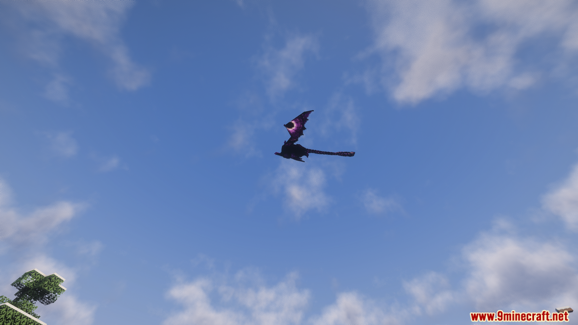 A dark dragon with purple wings flying high