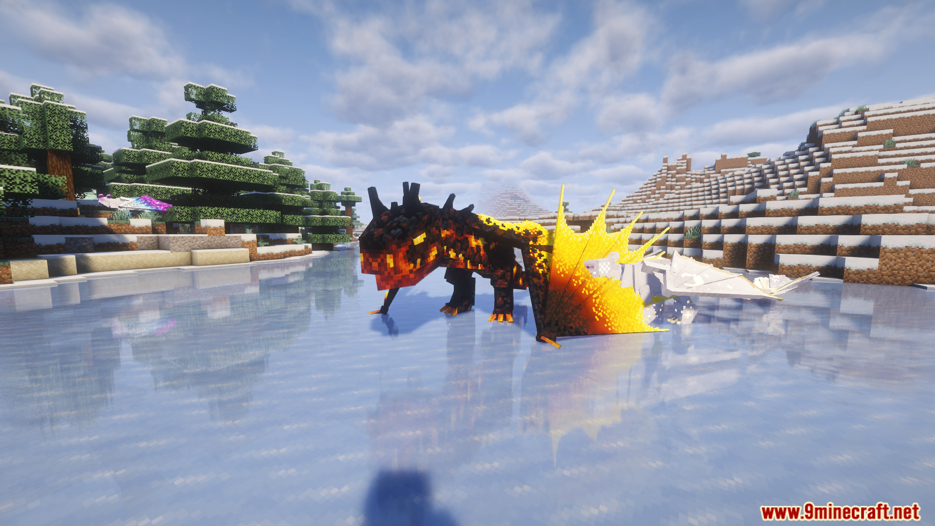 A fiery Cataclysm Monstrous Nightmare dragon on a frozen lake