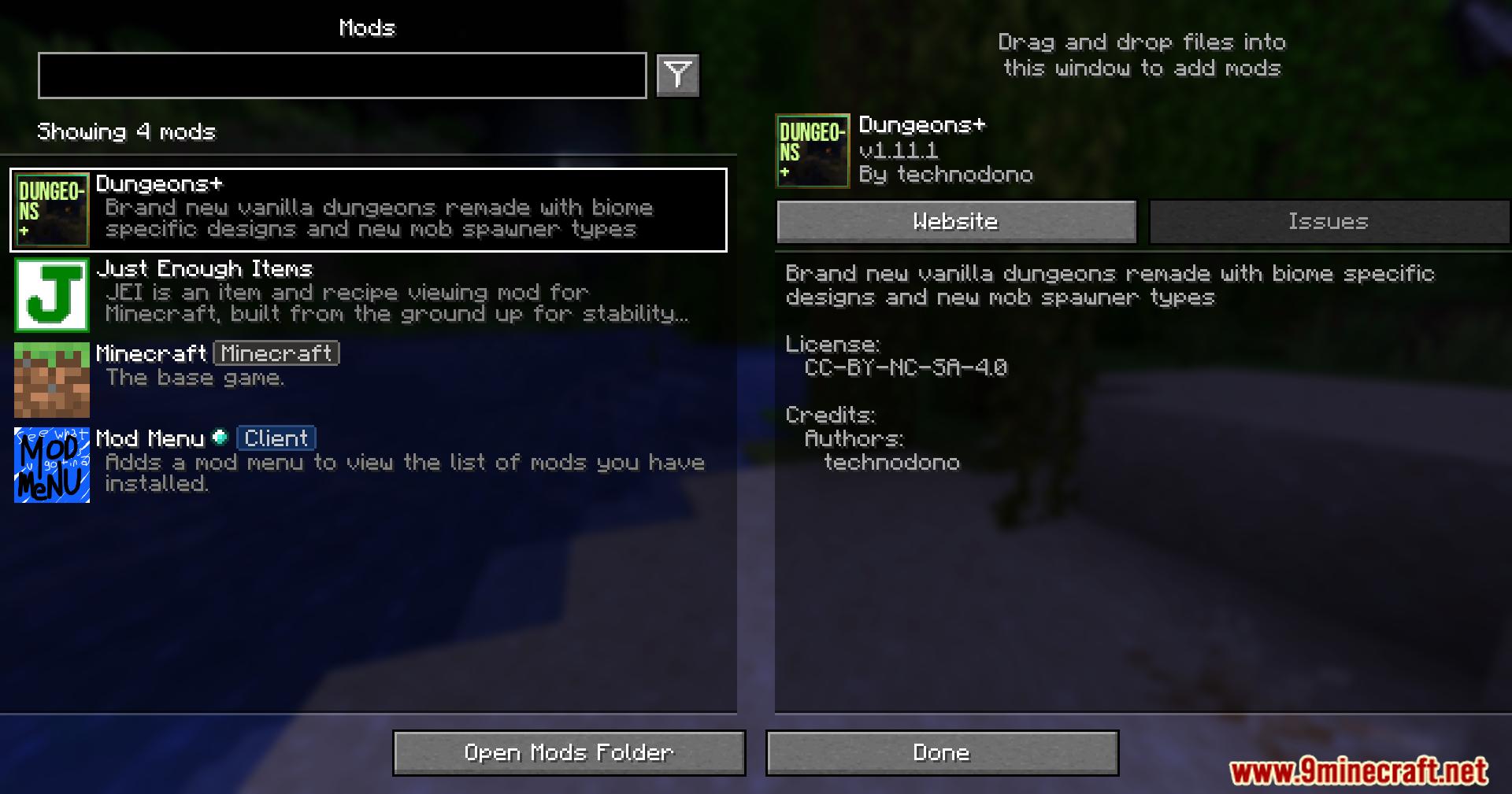 Dungeonsplus mod selected in the Minecraft mod menu screen