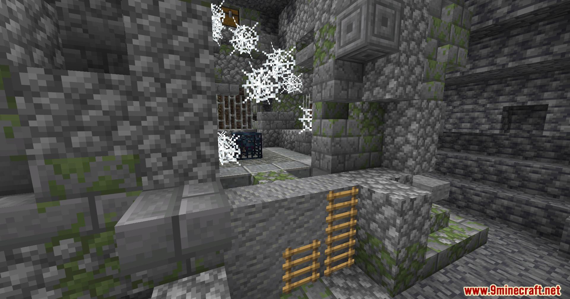 Close view of a webbed dungeon room with ladders and spawner