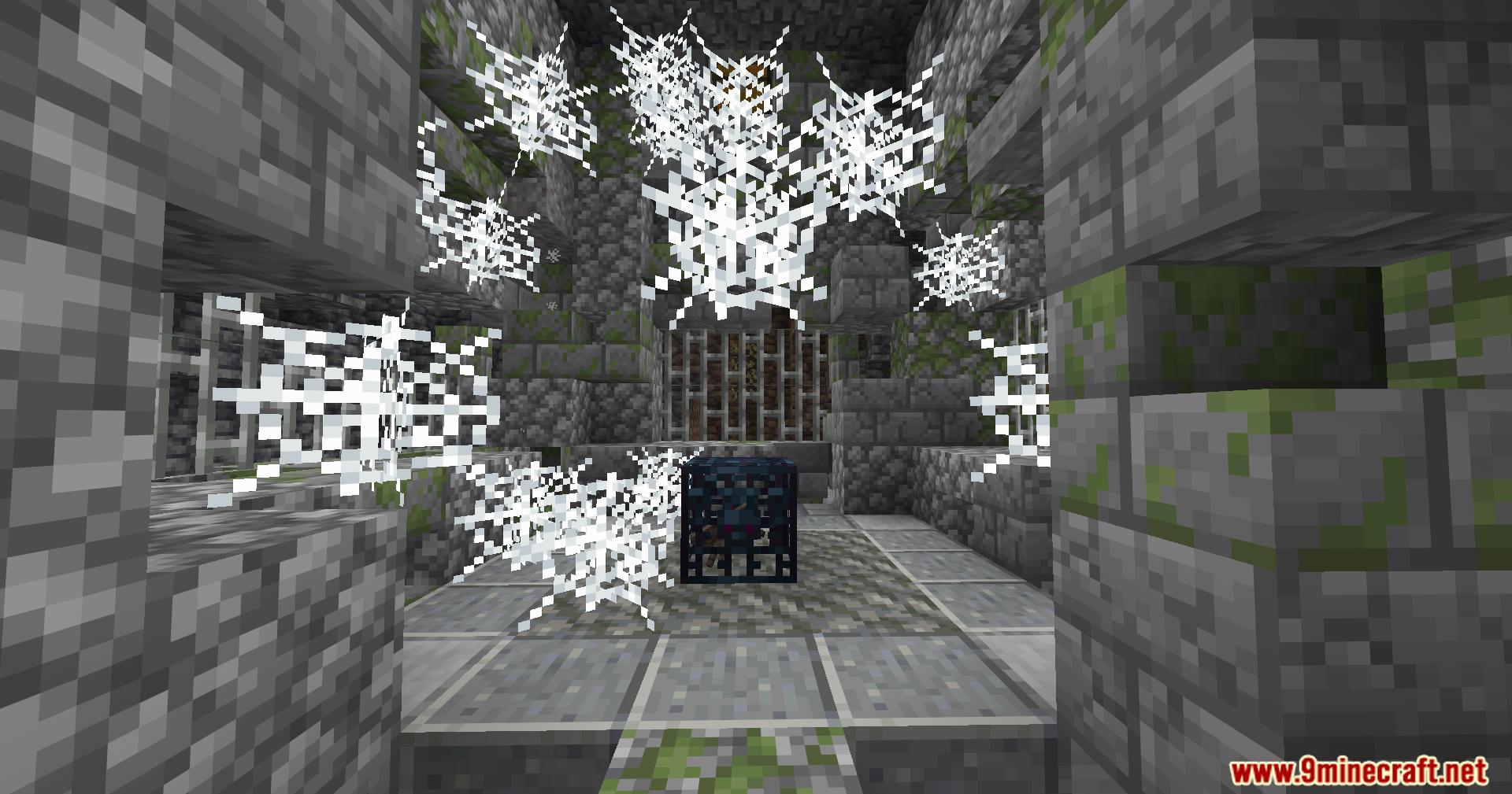 Spider spawner surrounded by thick cobwebs inside a Dungeonsplus mod structure