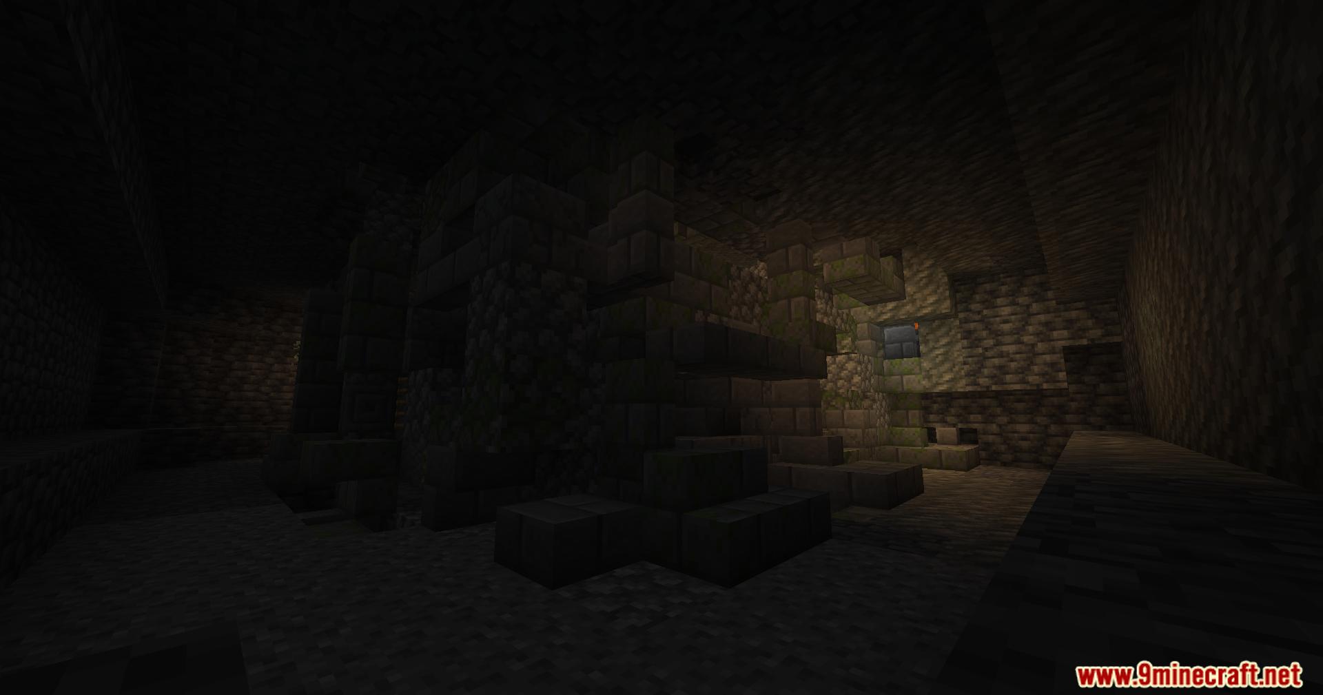 Exploring a dark underground stone brick dungeon ruin structure