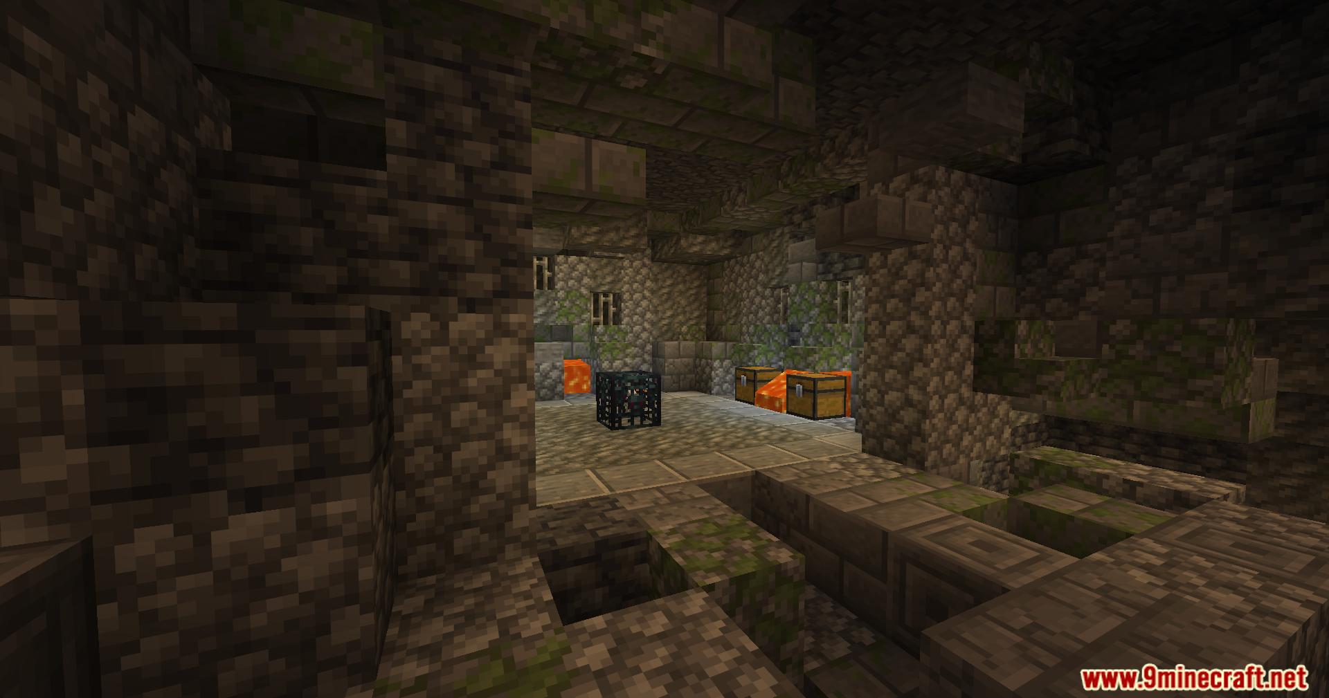 Mossy cobblestone dungeon room containing a mob spawner and chests