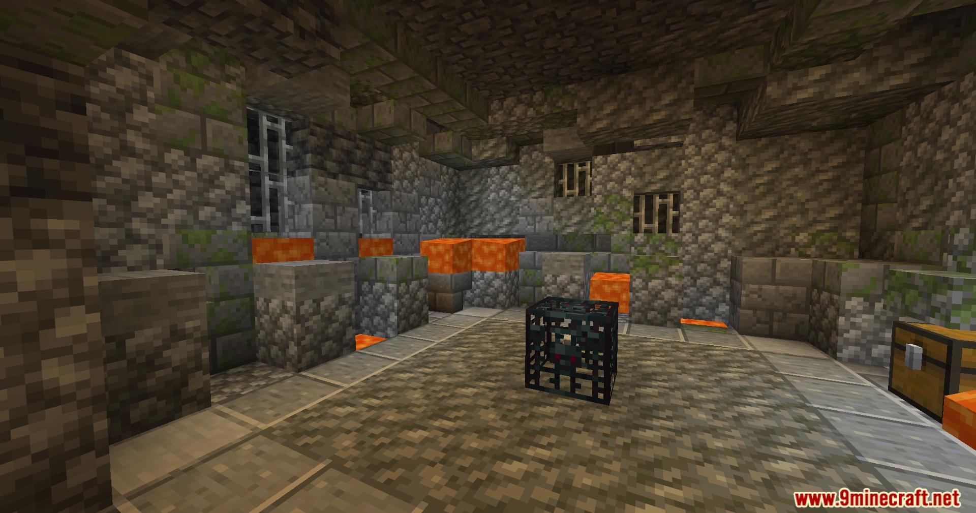 Mob spawner block surrounded by lava inside a stone dungeon