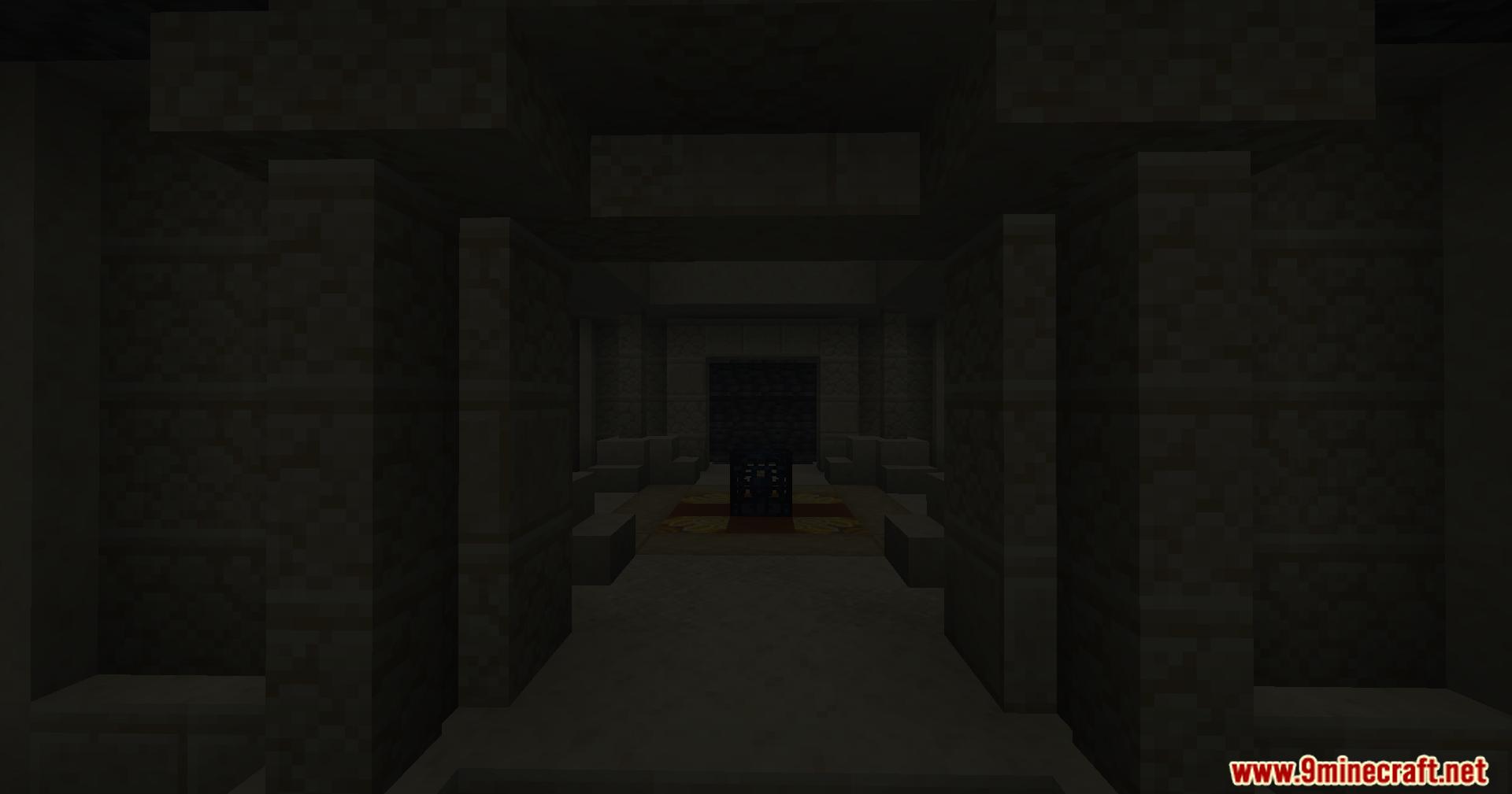 Dark stone dungeon hallway leading to a central mob spawner