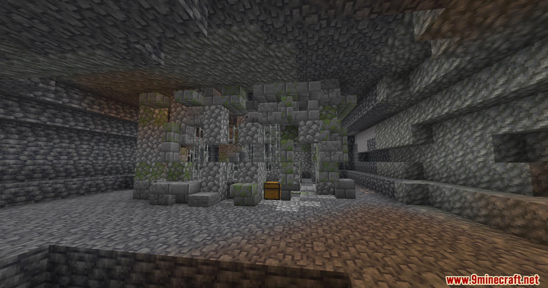 Exploring abandoned mossy stone dungeon ruins with a hidden chest