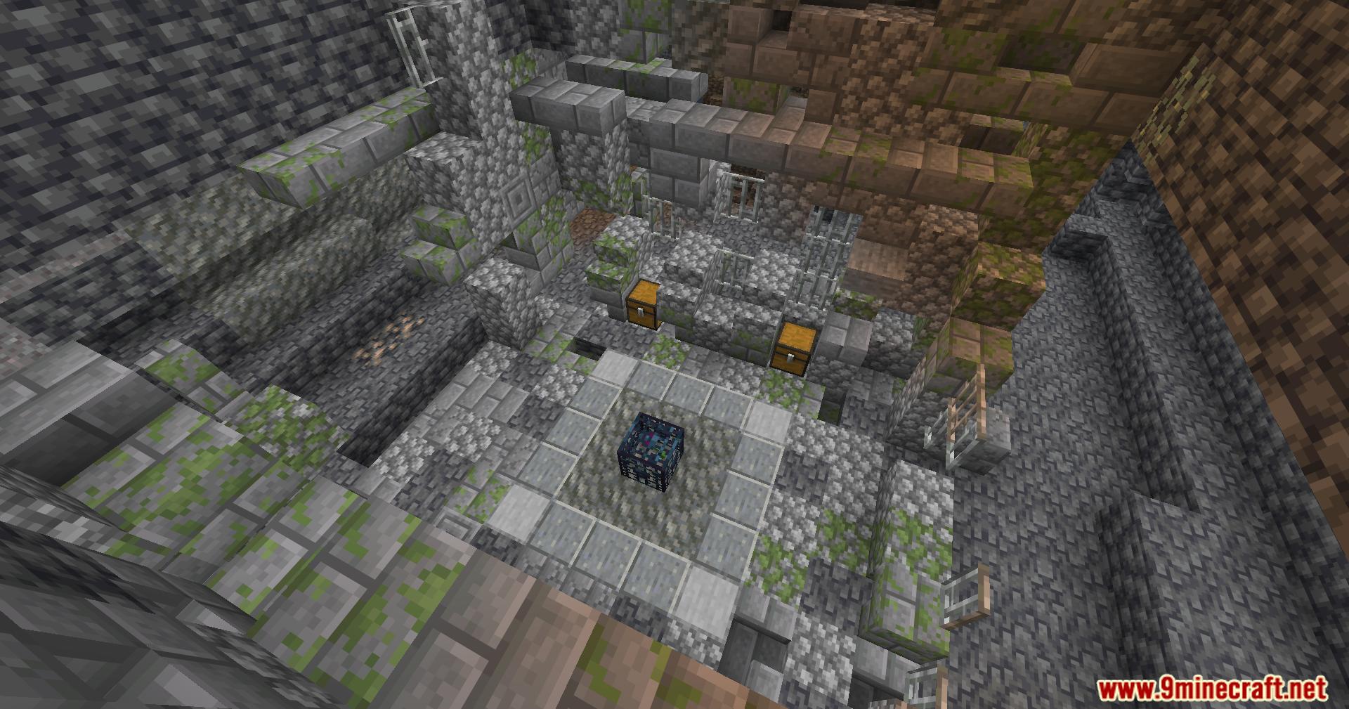 Large stone brick dungeon room containing chests and a mob spawner