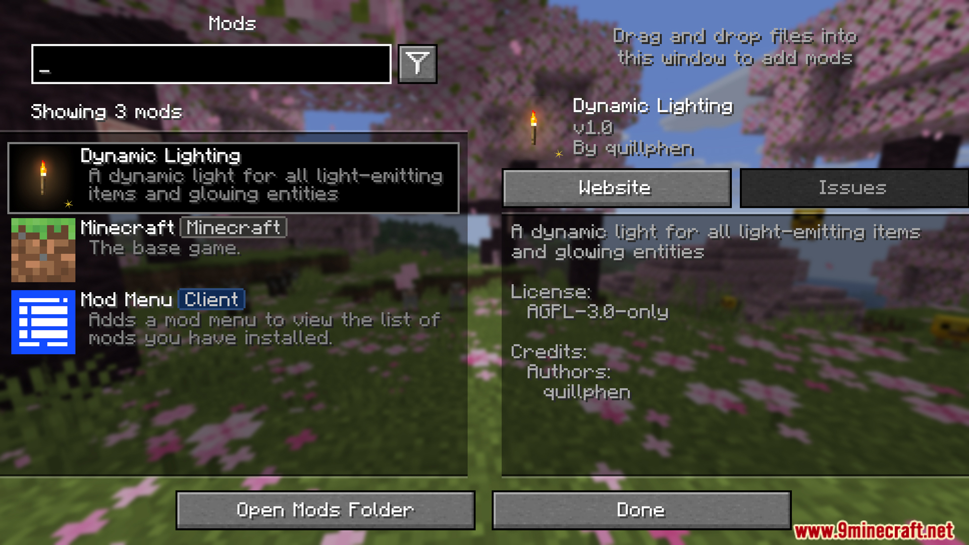 Dynamic Lightings Mod Screenshot 1 Mod menu screen displaying the Dynamic Lighting mod details