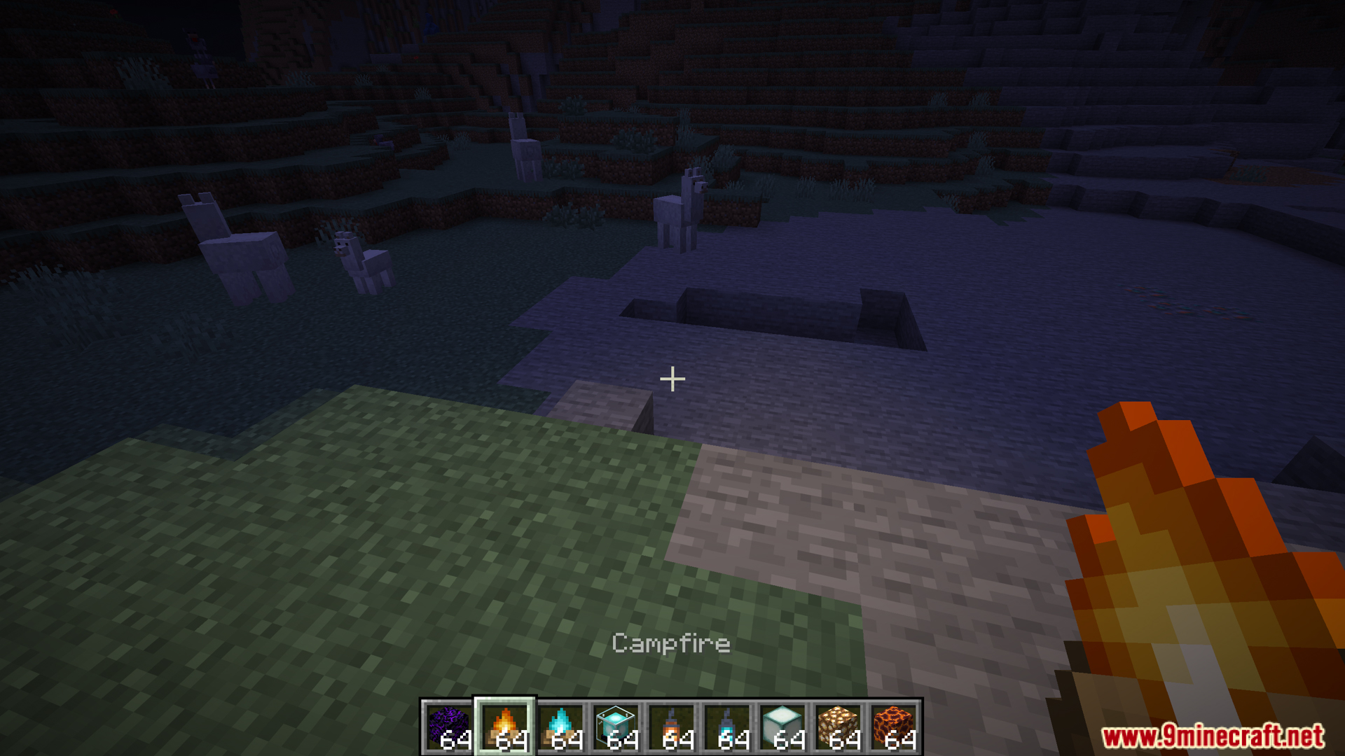 Dynamic Lightings Mod Screenshot 11 Dynamic Lightings Mod illuminating nearby llamas while holding a campfire item