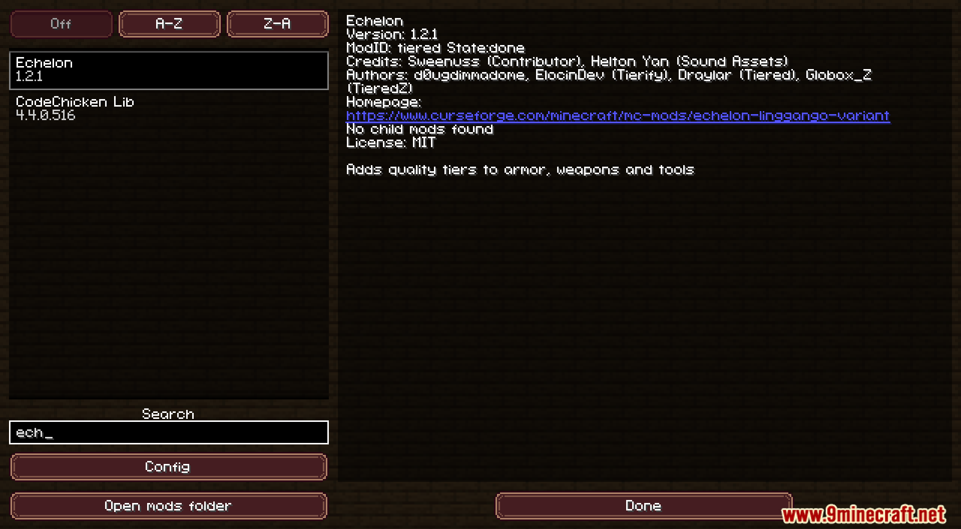 Mod menu displaying Echelon Linggango Variant information and features