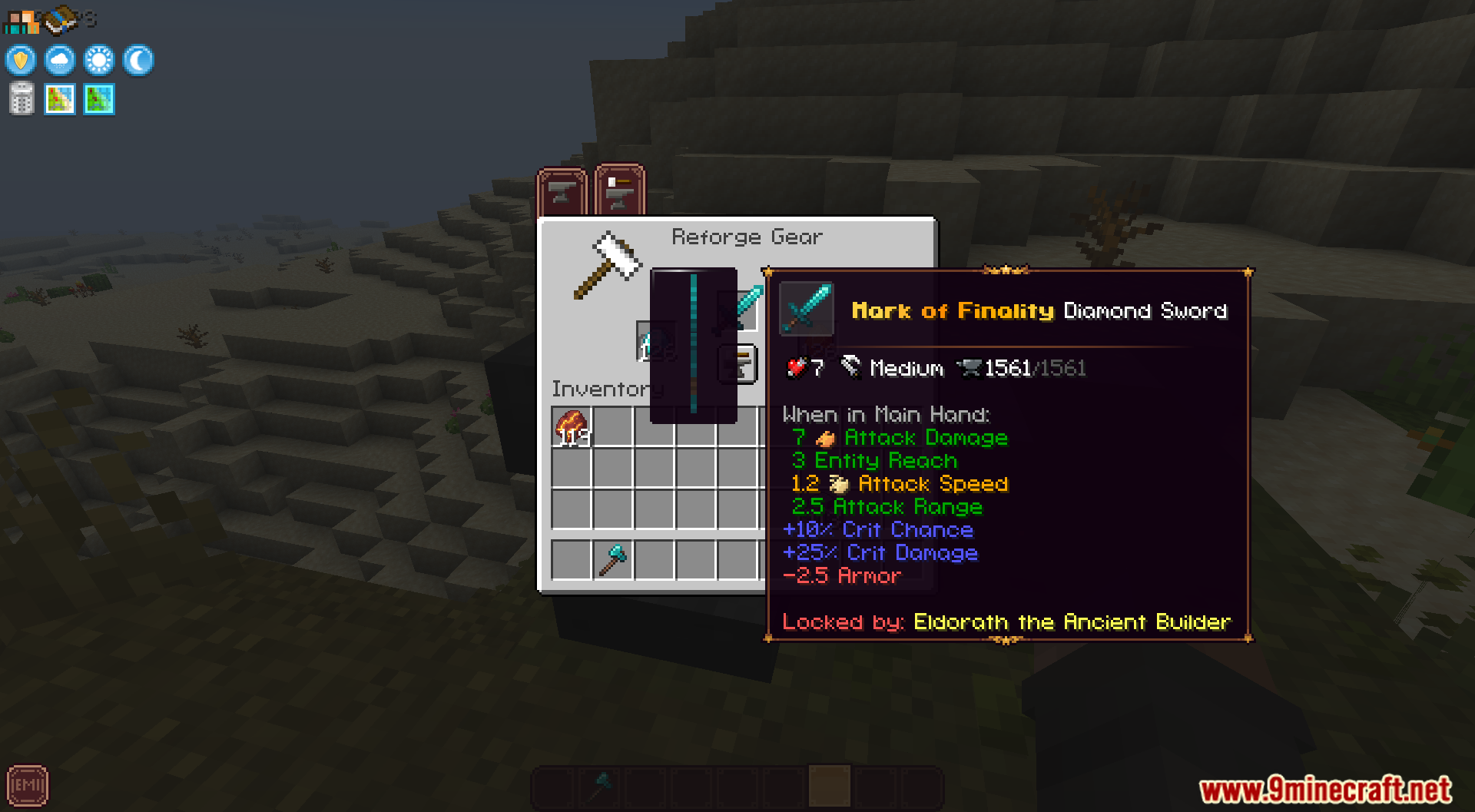 Inspecting a custom diamond sword with increased crit chance and decreased armor