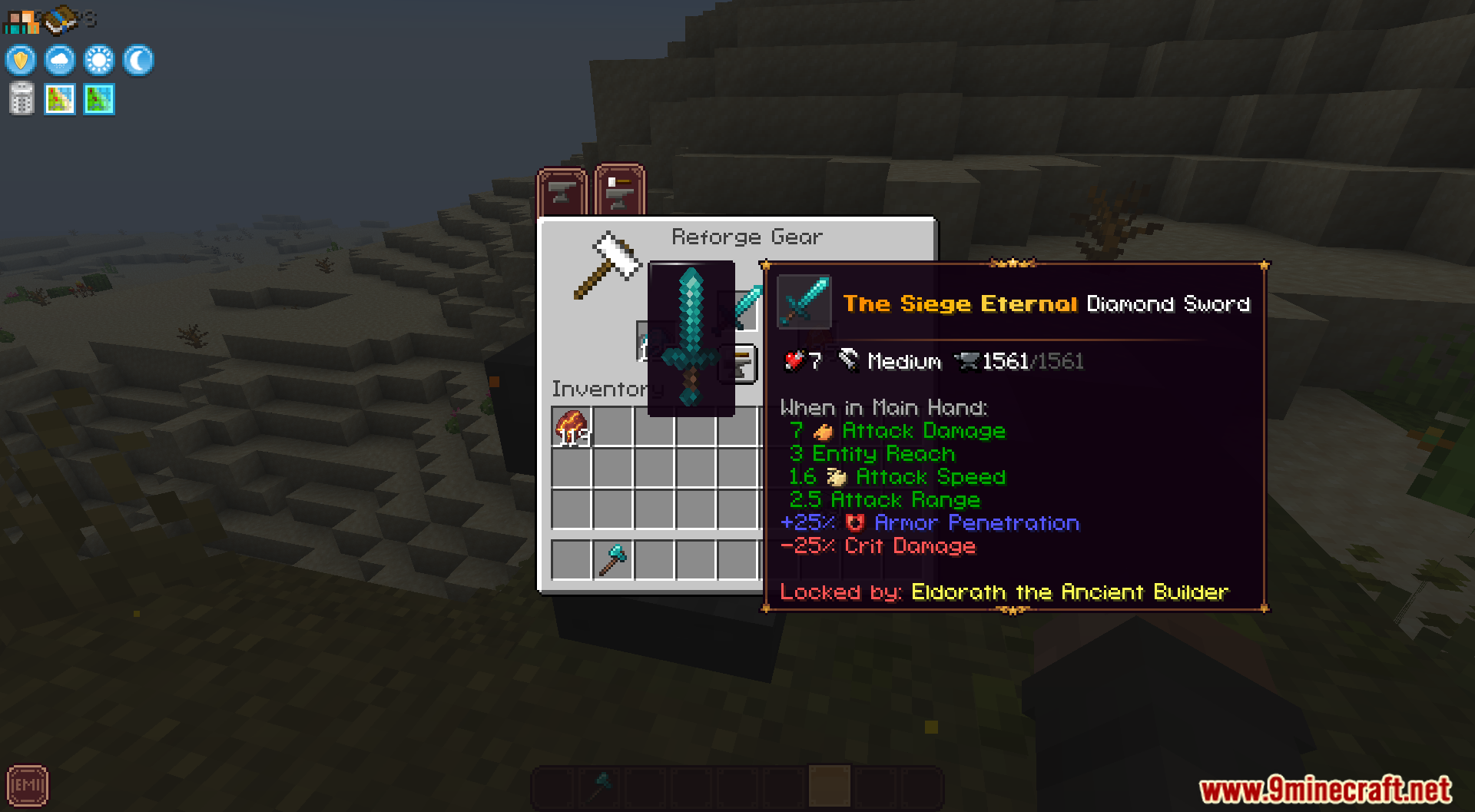 Viewing a reforged diamond sword showing unique armor penetration and damage stats