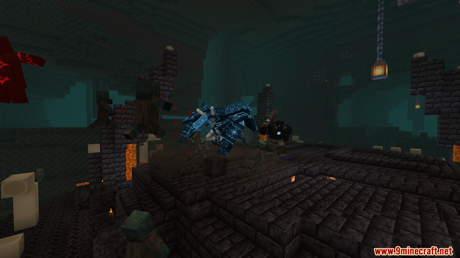 Blue floating boss mob summoning zombies in a dark nether fortress