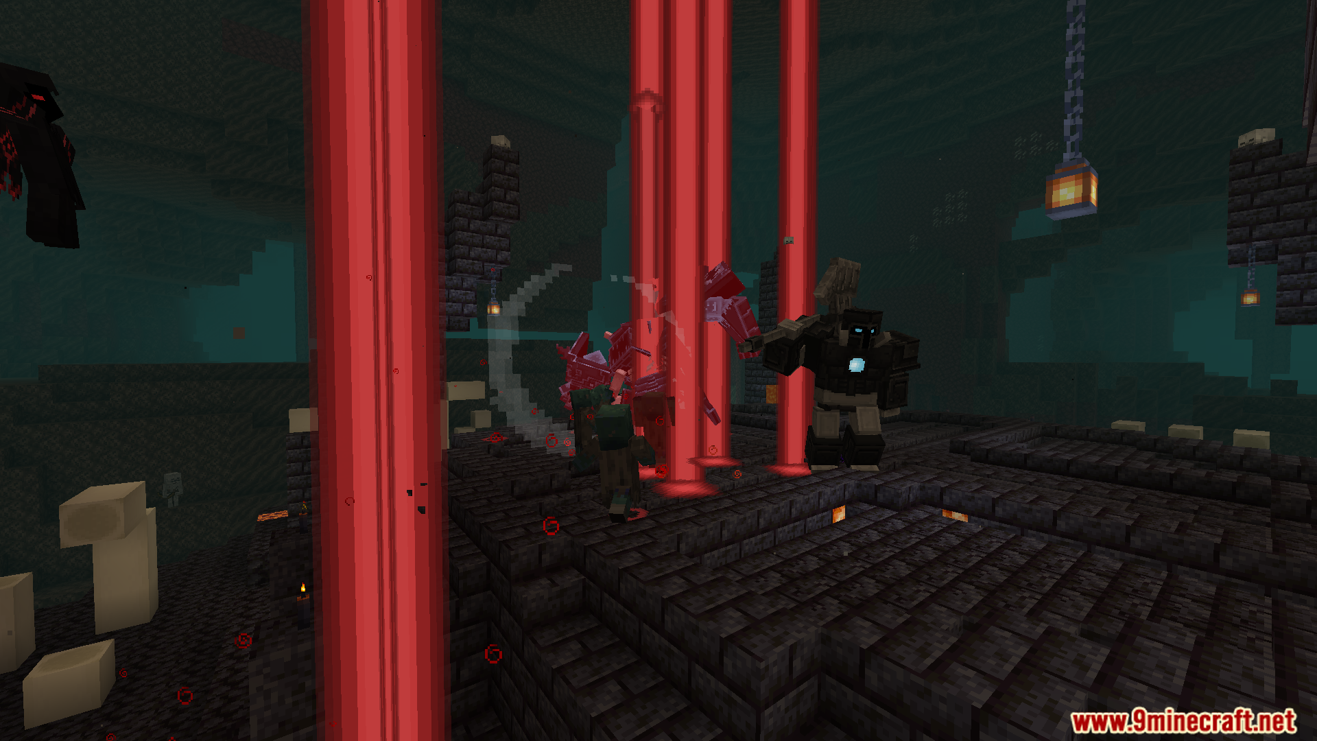 Giant red laser pillars striking the ground during a boss fight