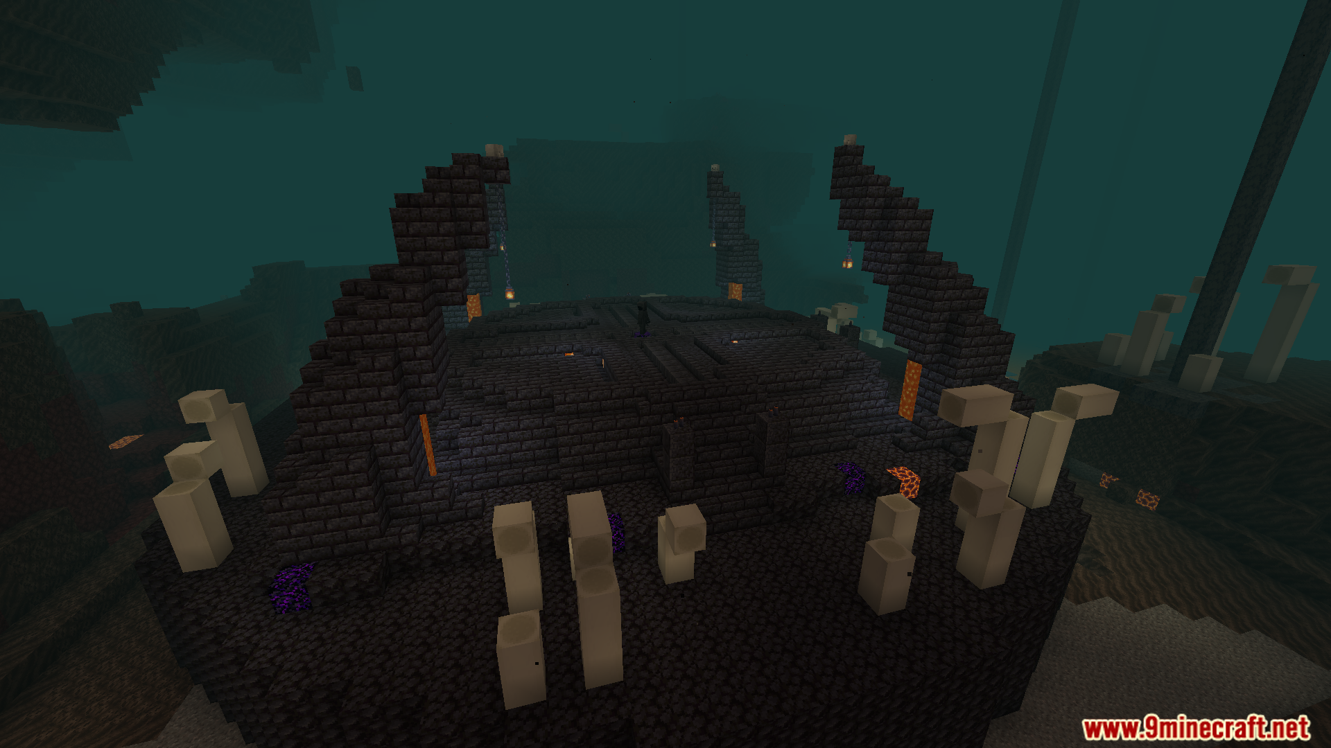 A dark stone structure with bone pillars in the Nether