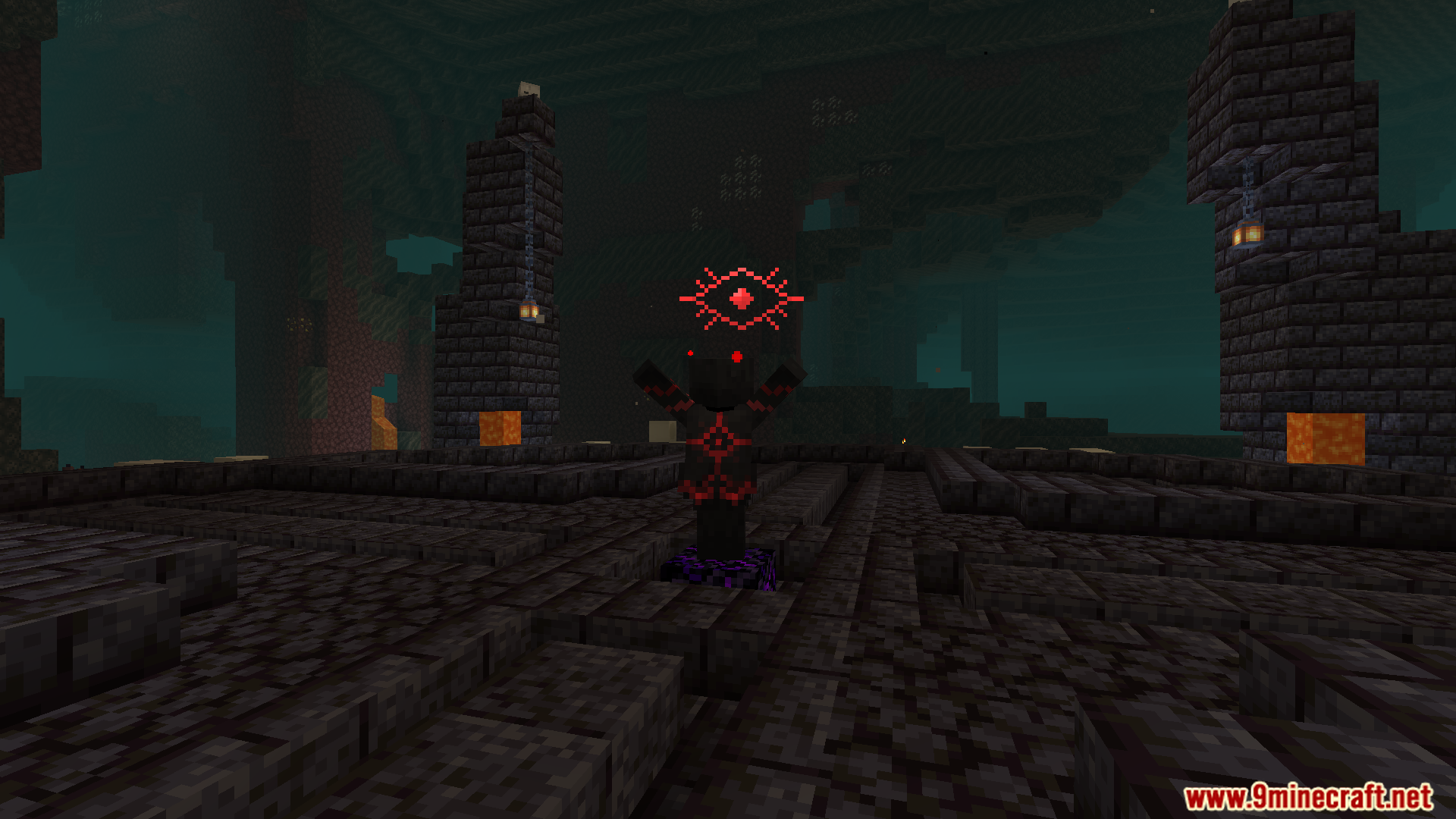 Player facing a dark figure with a red eye symbol above it