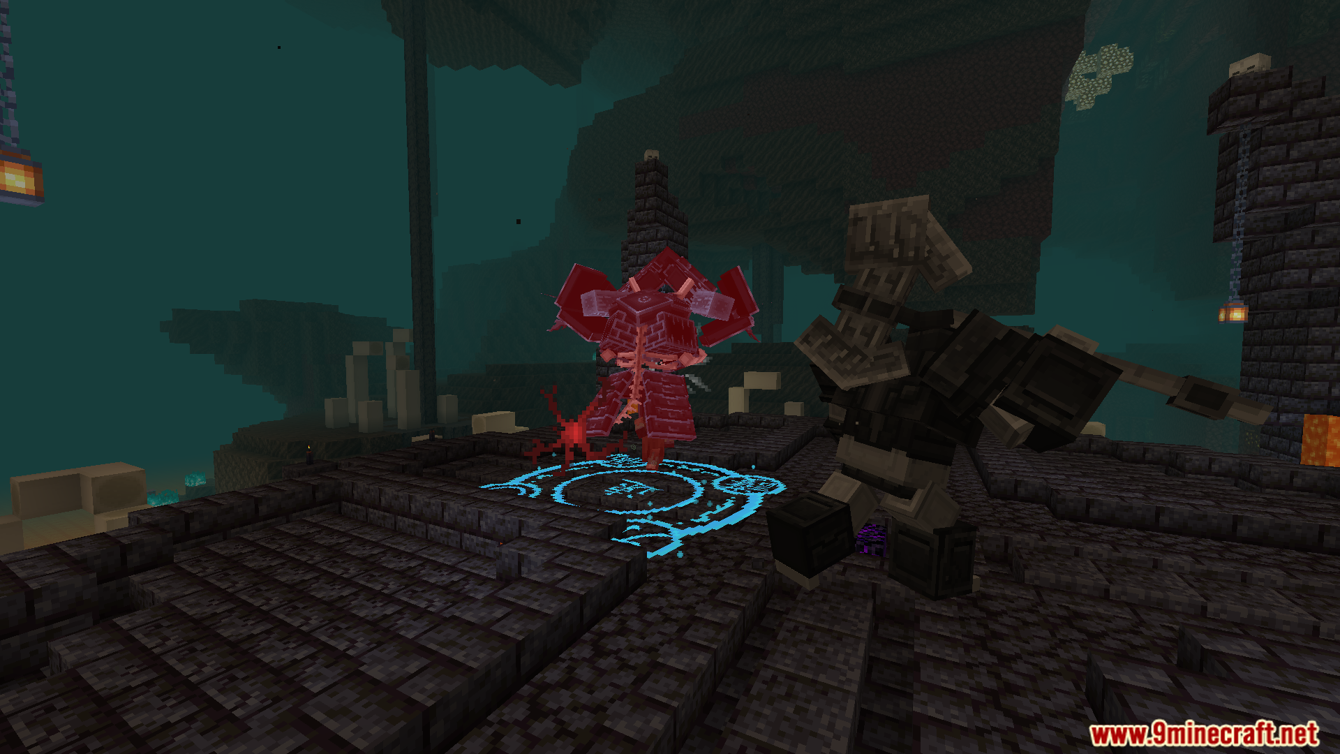 Player battling a red floating boss near a blue magic circle