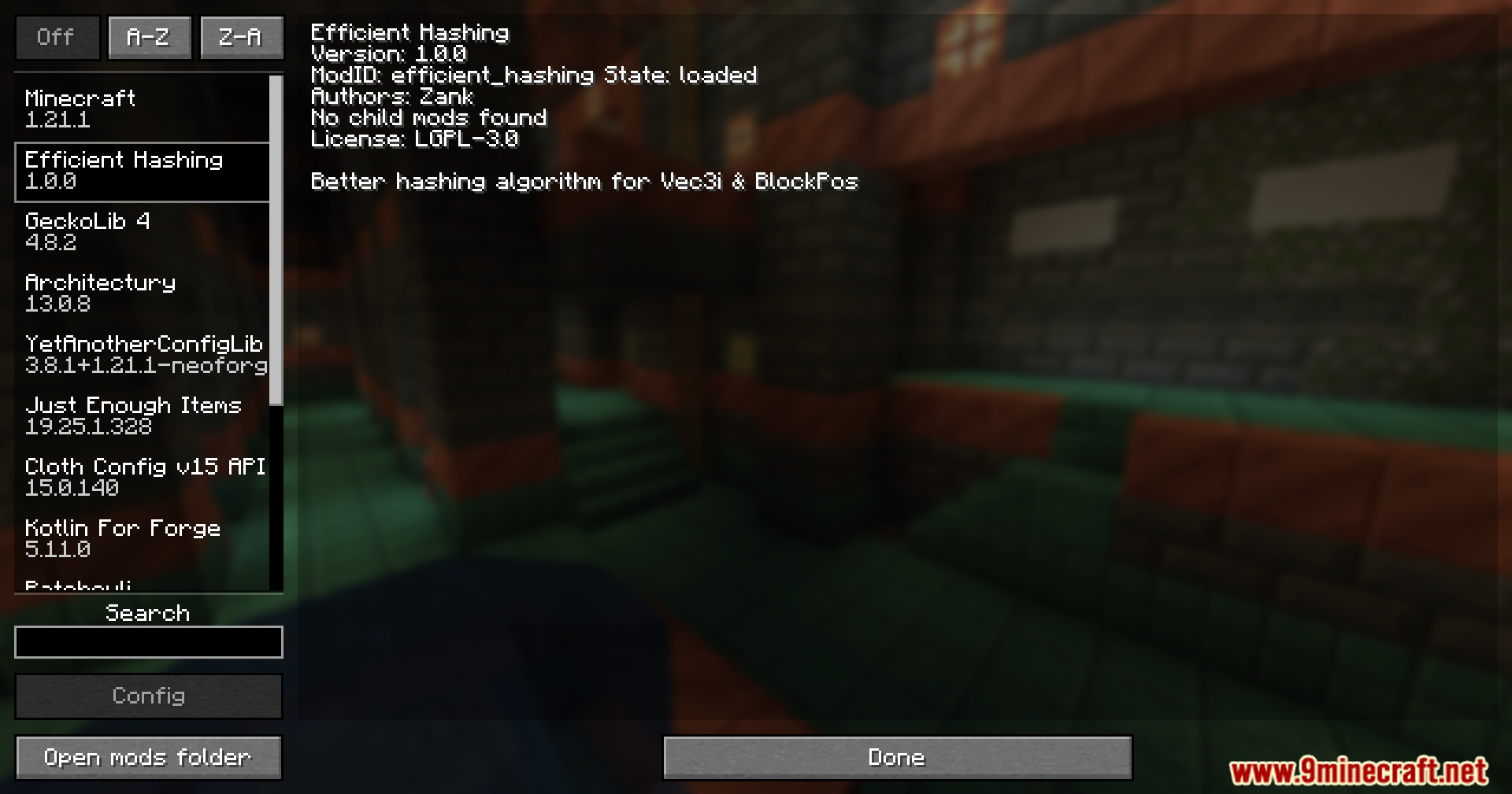 Mod menu showing Efficient Hashing mod loaded in Minecraft