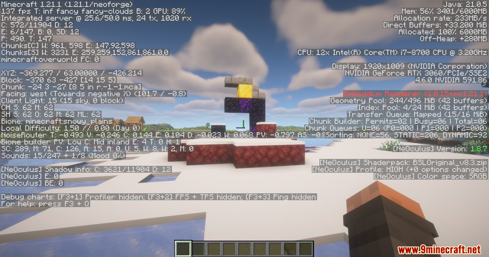 Player viewing the debug screen near a ruined portal in snow