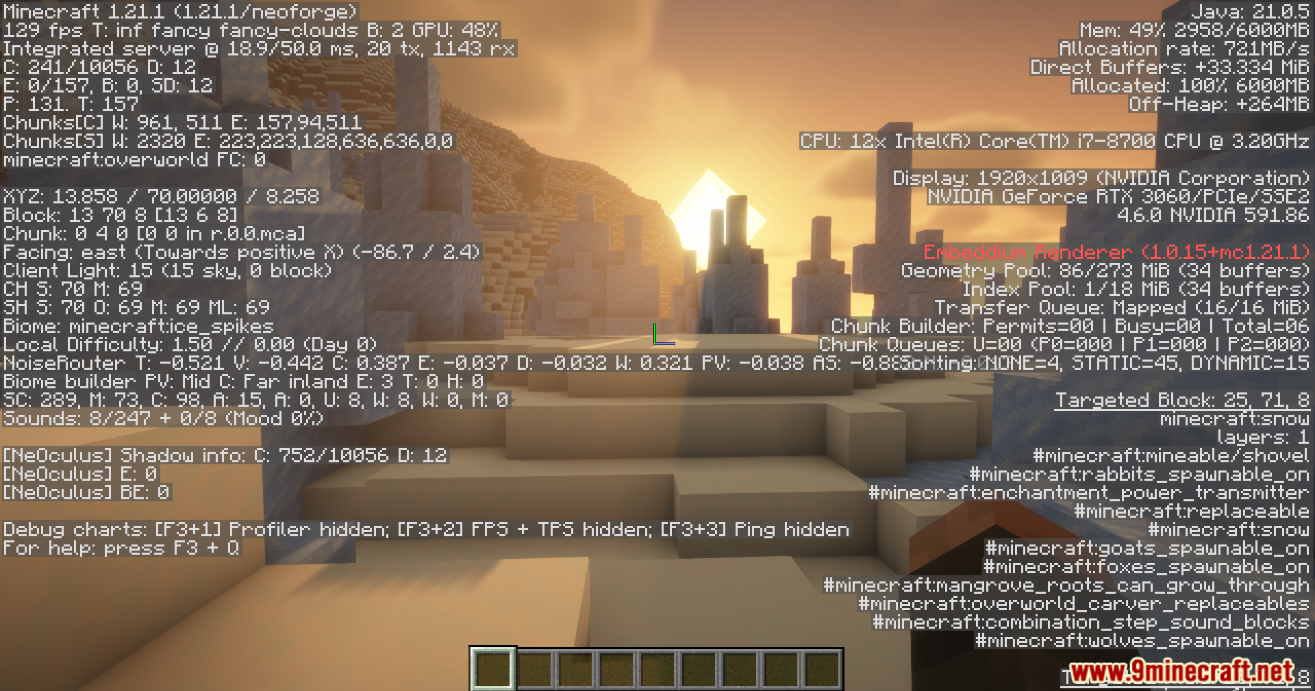 Minecraft debug screen showing performance metrics in ice spikes biome