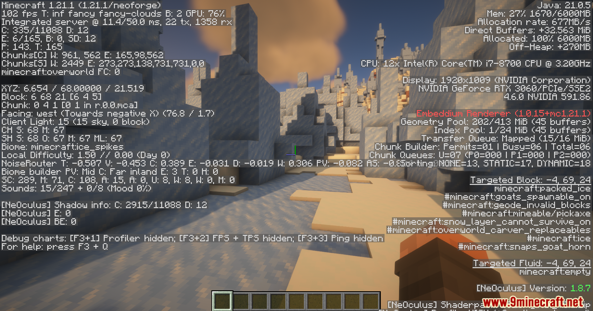 Debug screen displaying block position and rendering details in game