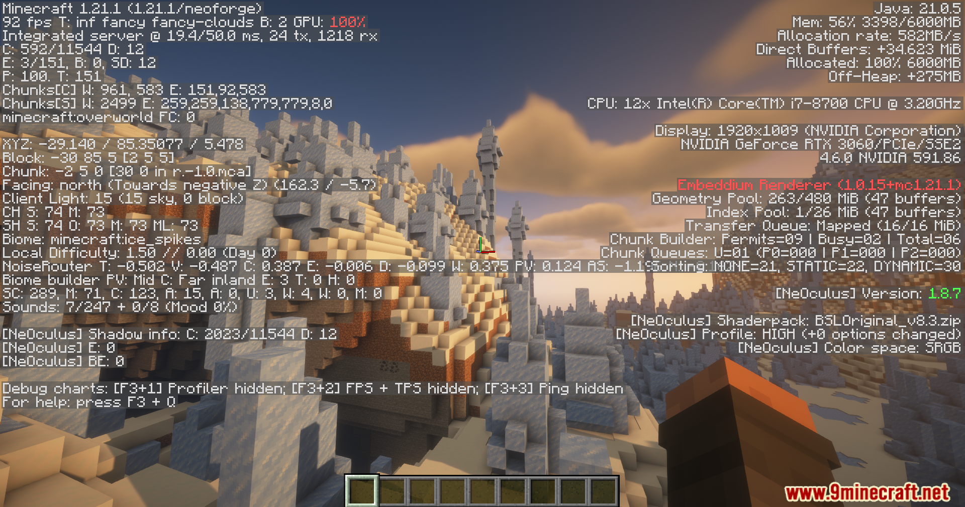 Player viewing debug screen with BSL shaders enabled in ice spikes
