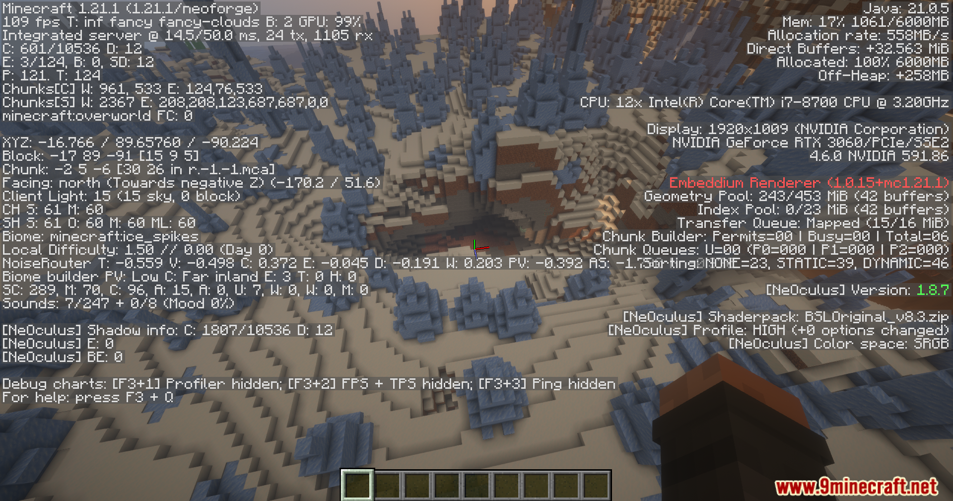 Player looking at ice spikes biome with debug screen open
