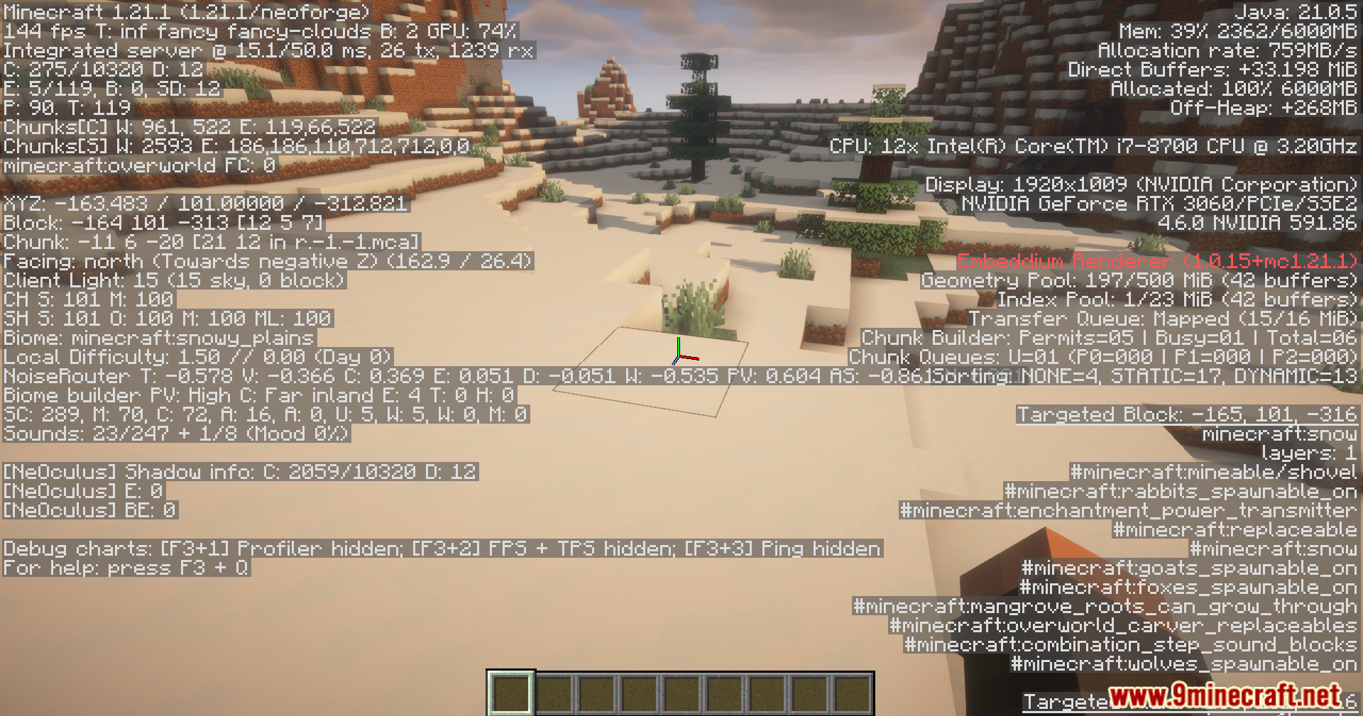Debug screen showing snowy plains biome and targeted block info