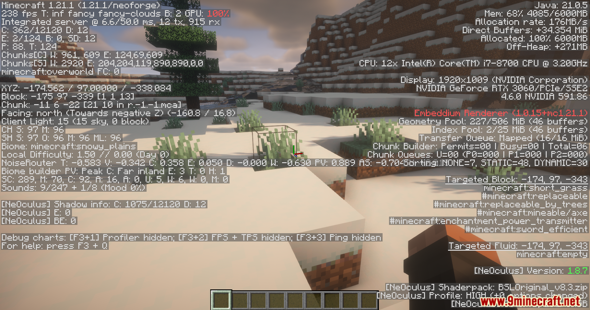 Player looking at snowy plains biome with debug screen open