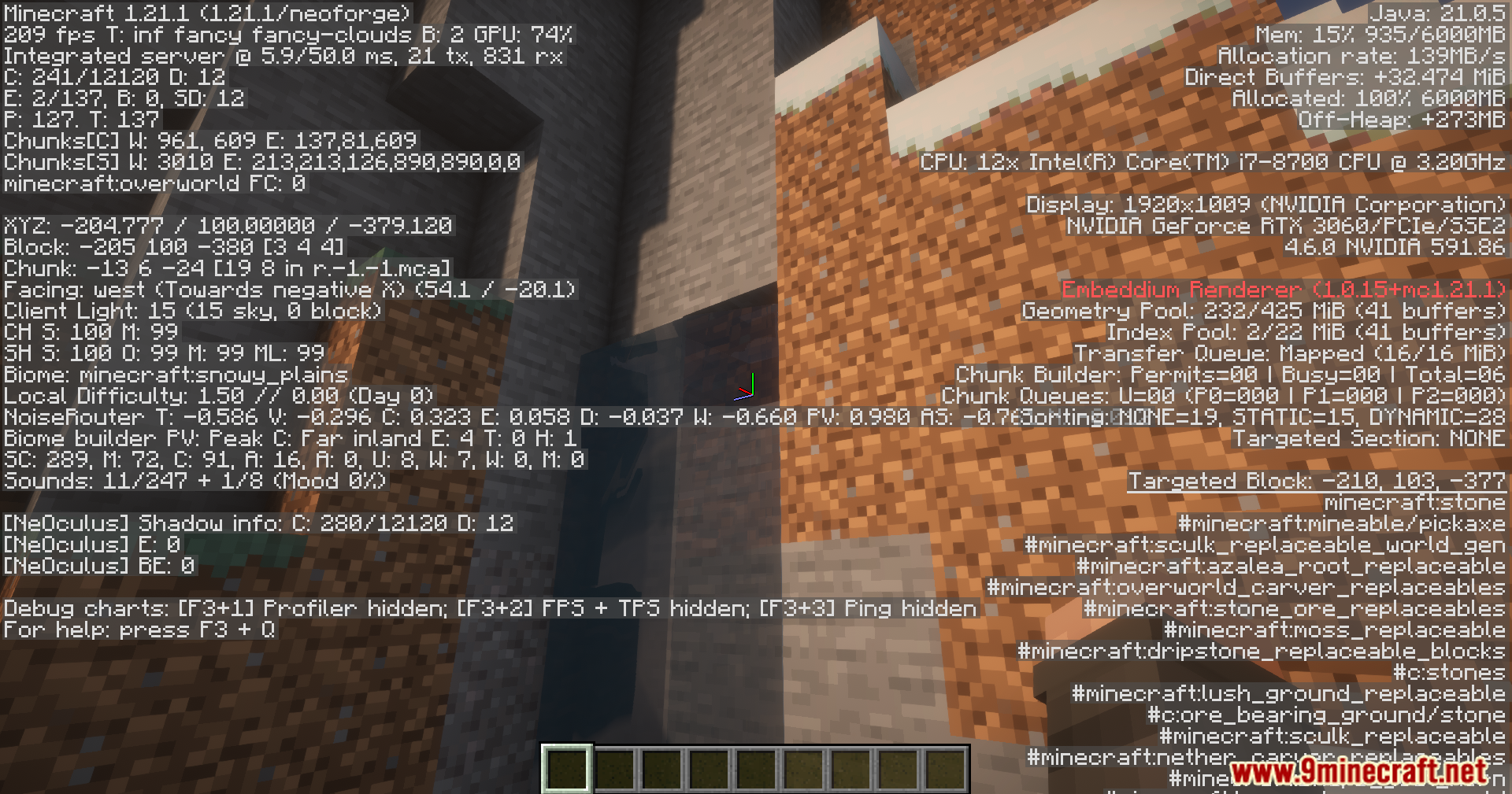 Player viewing the debug screen while looking at a stone block