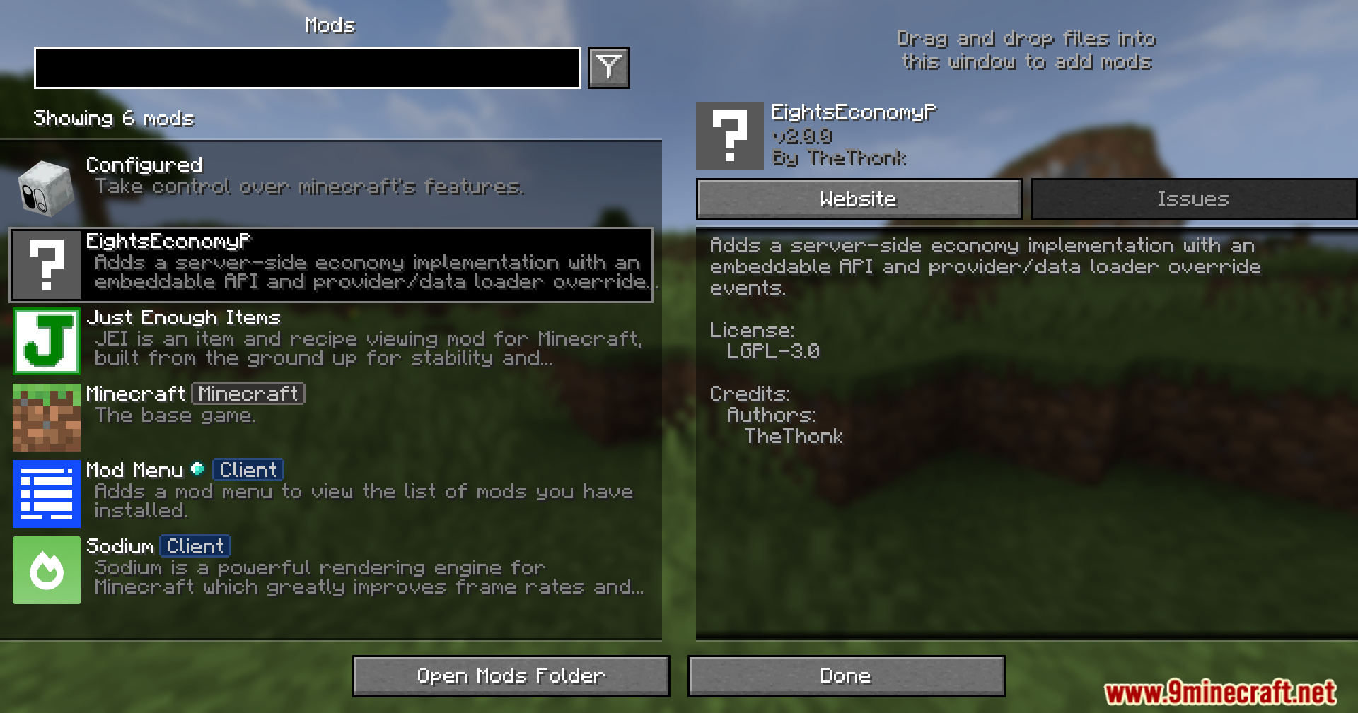 Mod menu displaying the Eightseconomyp mod selected in the list