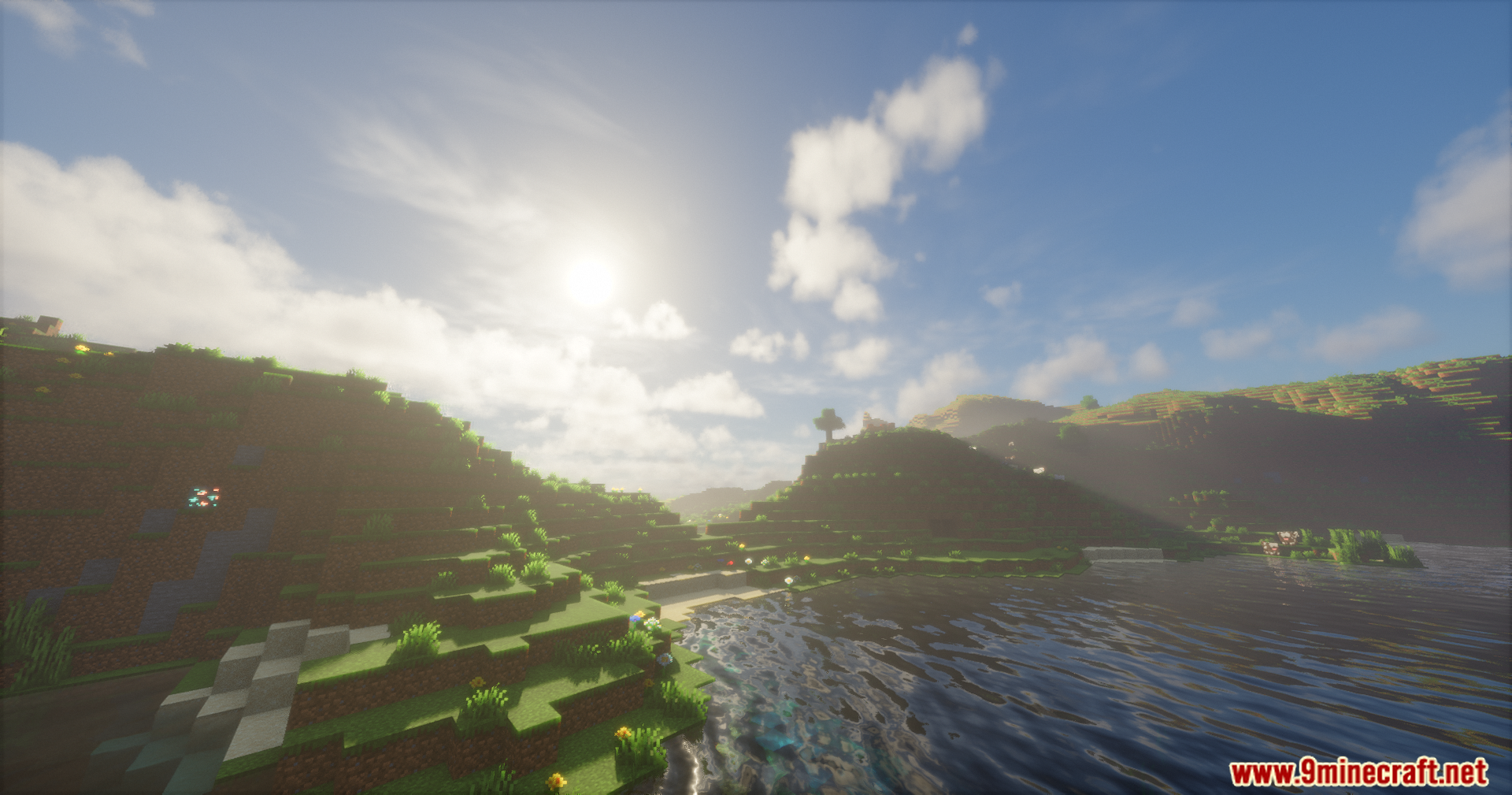 Emanrux Shaders showing bright sun rays over a calm lake
