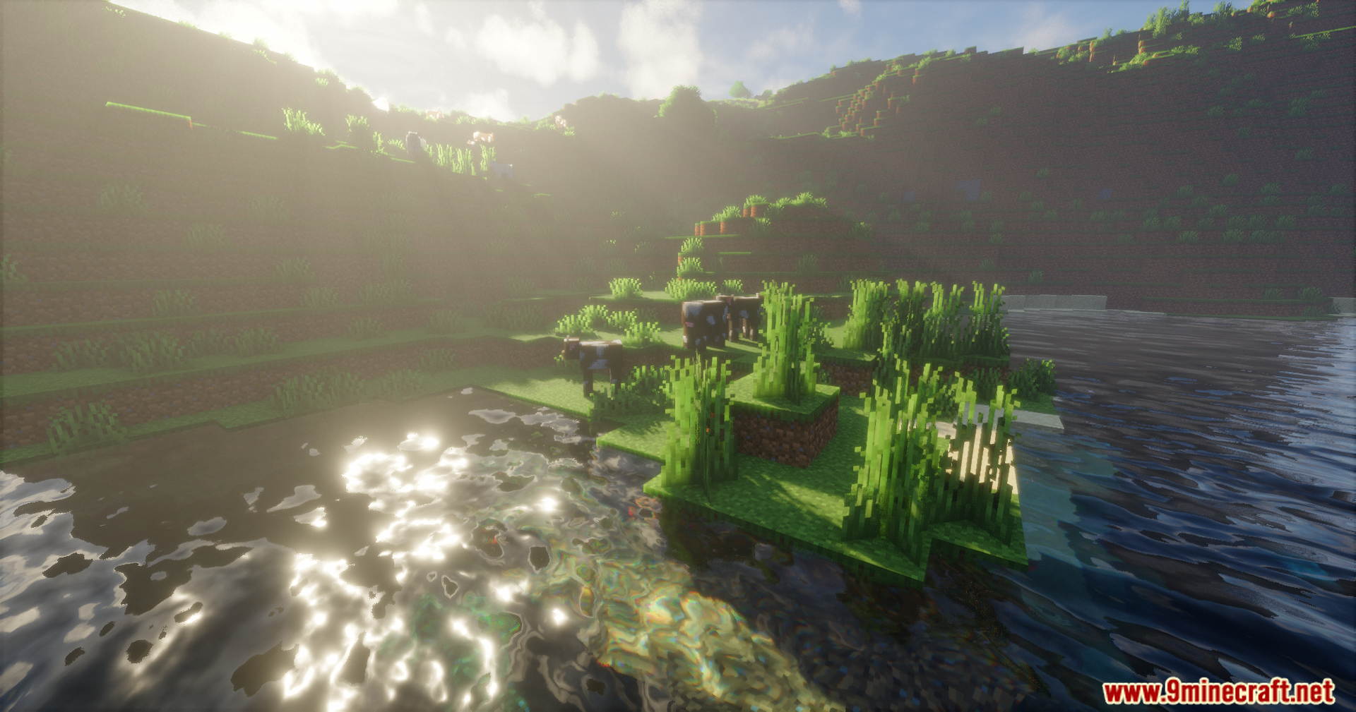 Realistic water reflections and bright sun rays on a grassy riverbank