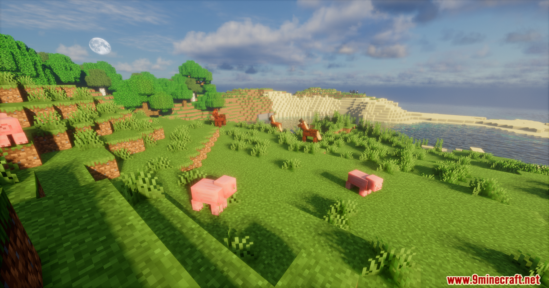 Grassy landscape with pigs horses and realistic shader lighting effects