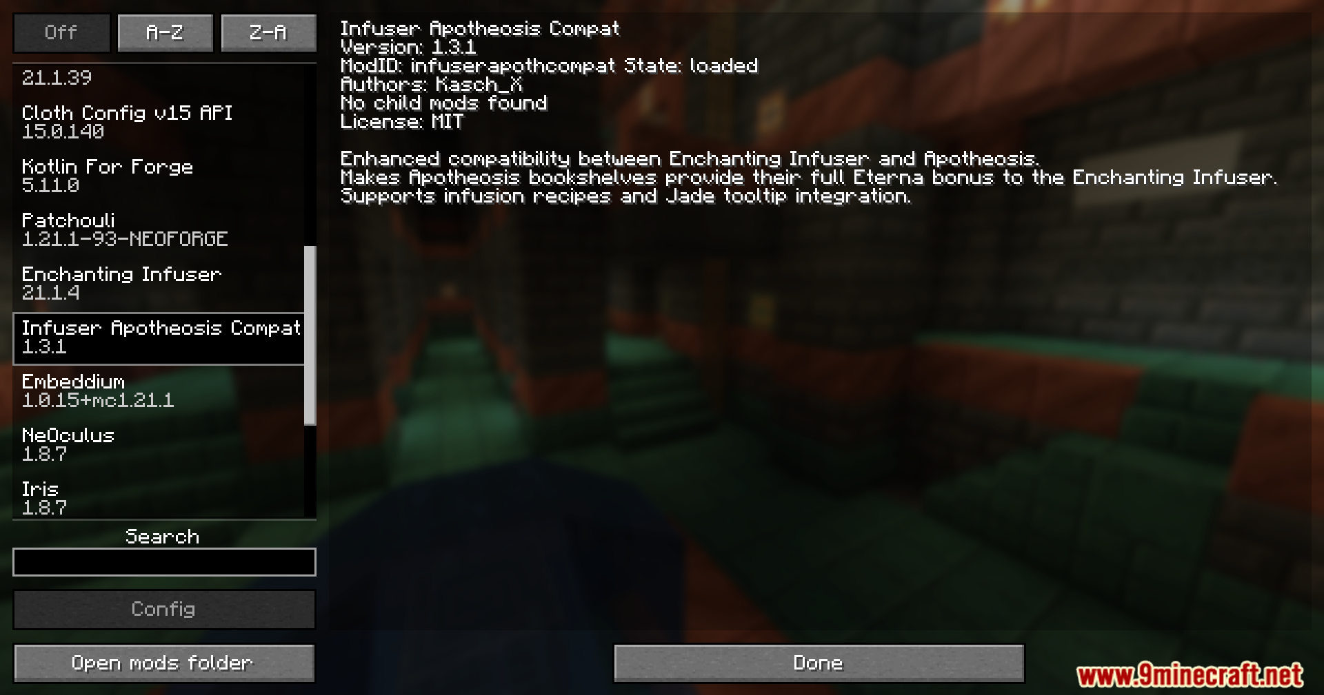 Mod list showing Infuser Apotheosis Compat details