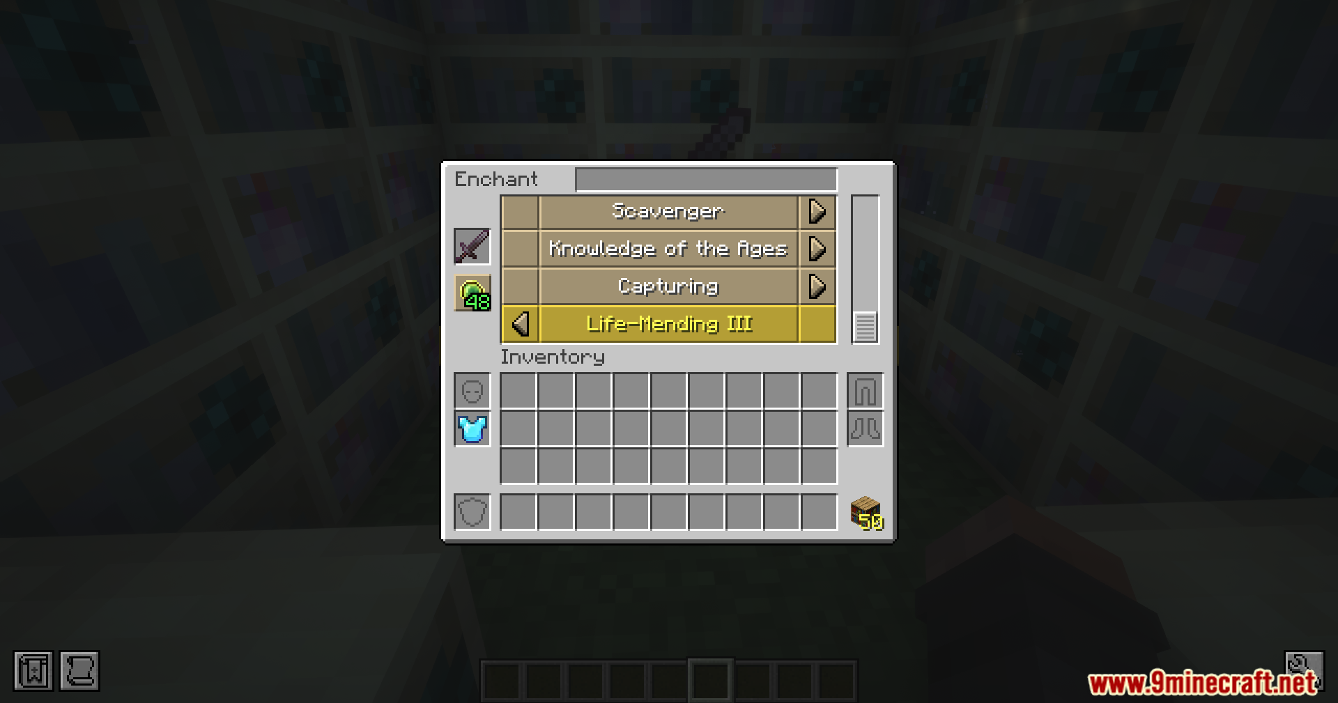 Viewing Life Mending enchantment in the menu