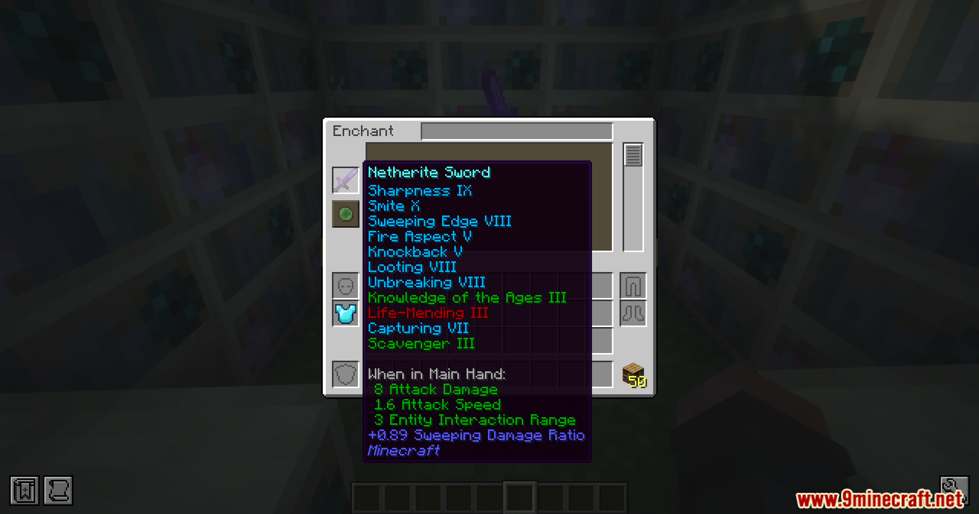 Checking the final enchanted netherite sword stats