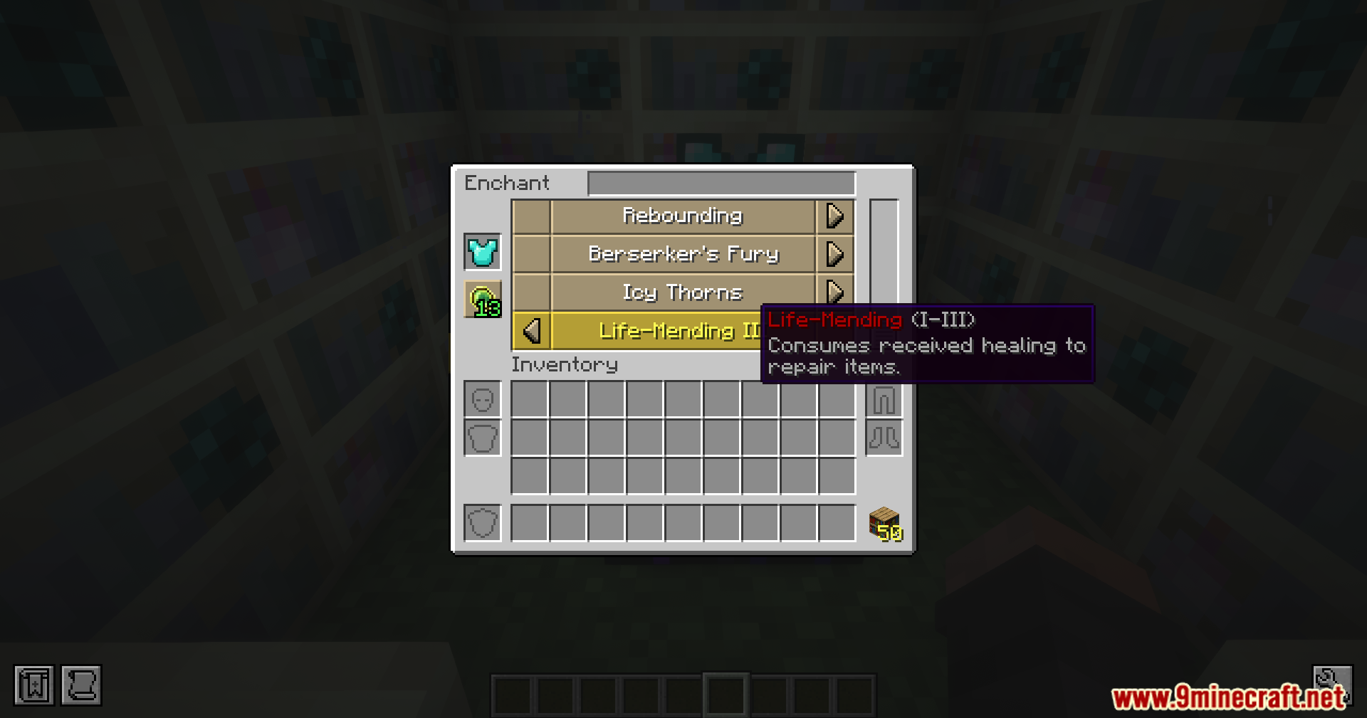 Selecting Life Mending enchantment for diamond armor