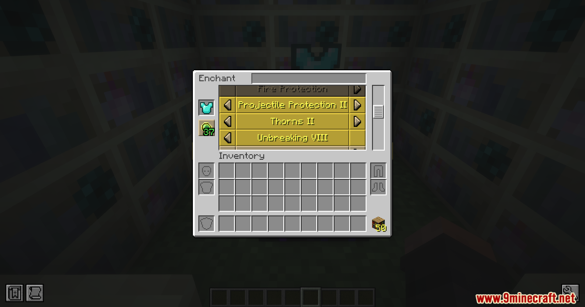 Player selecting high level enchantments in the custom infuser interface