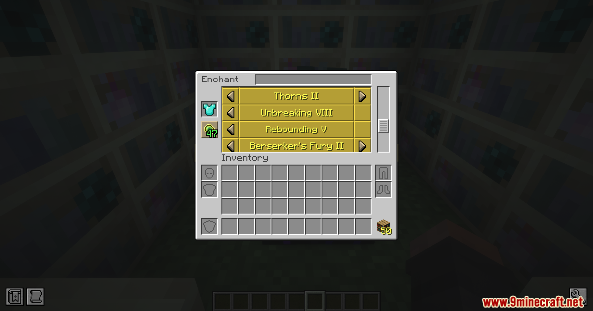 Scrolling through available high tier enchantments for a diamond chestplate