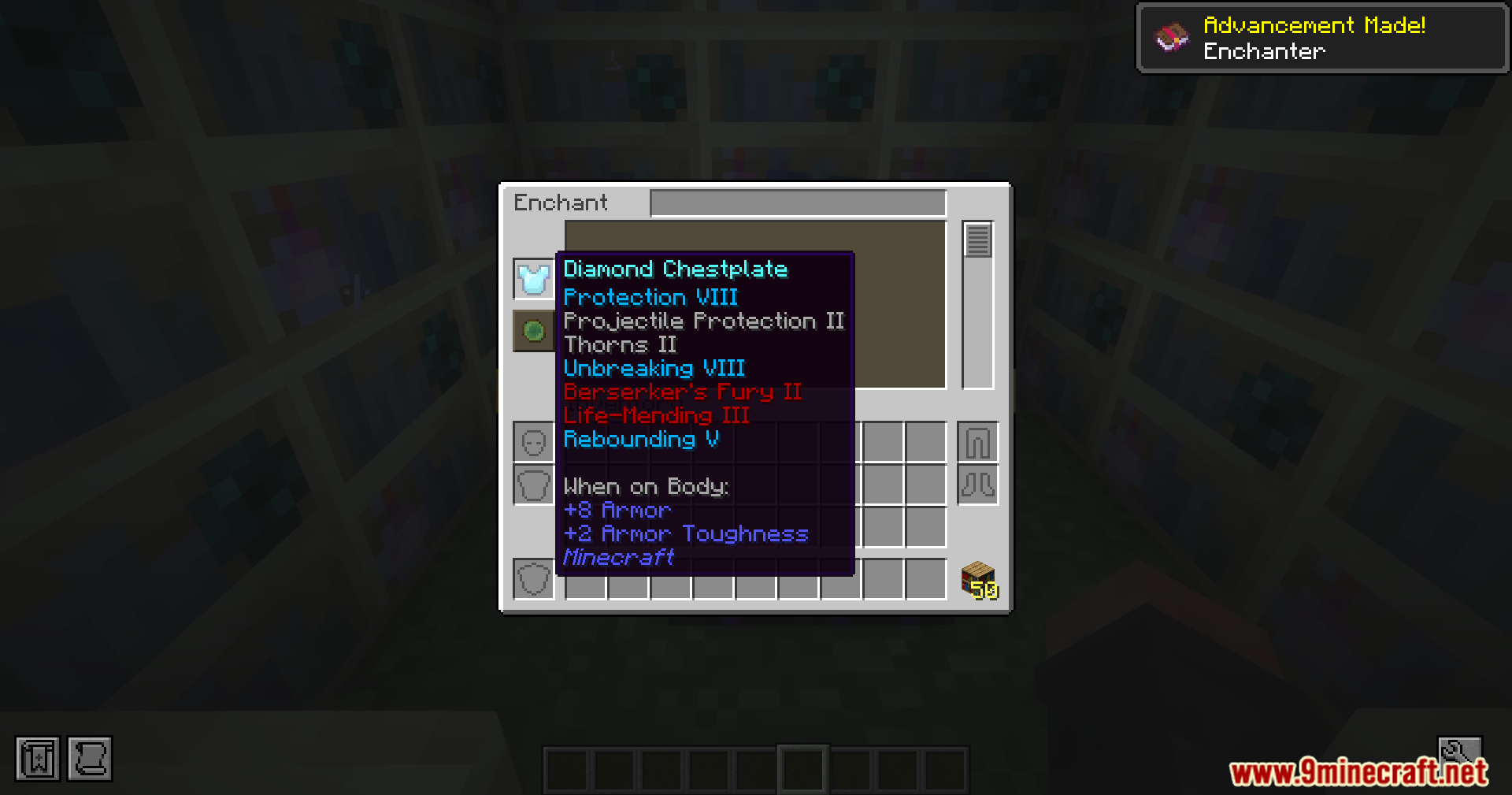 Diamond chestplate with multiple max level enchantments applied successfully