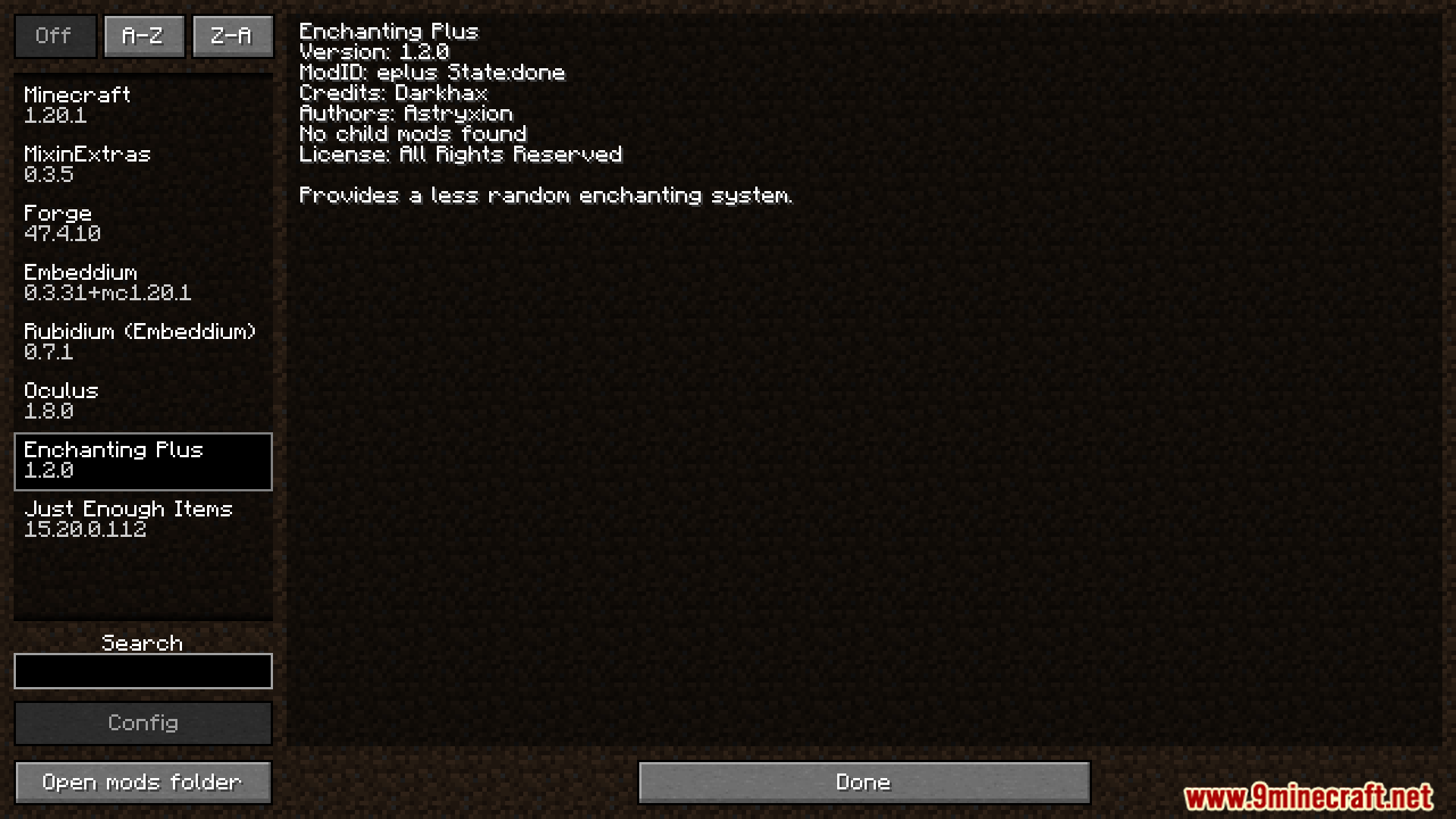 Mod list menu showing Enchanting Plus mod selected on screen