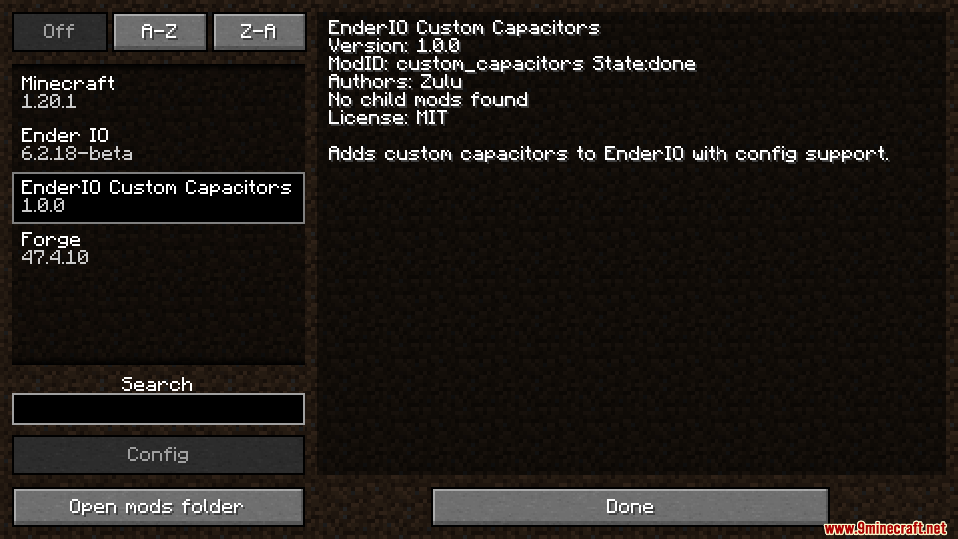 Mod list menu showing the Ender IO Custom Capacitors mod details