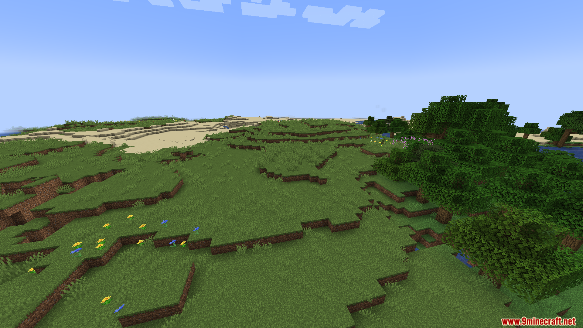 A grassy plains biome next to a sandy beach