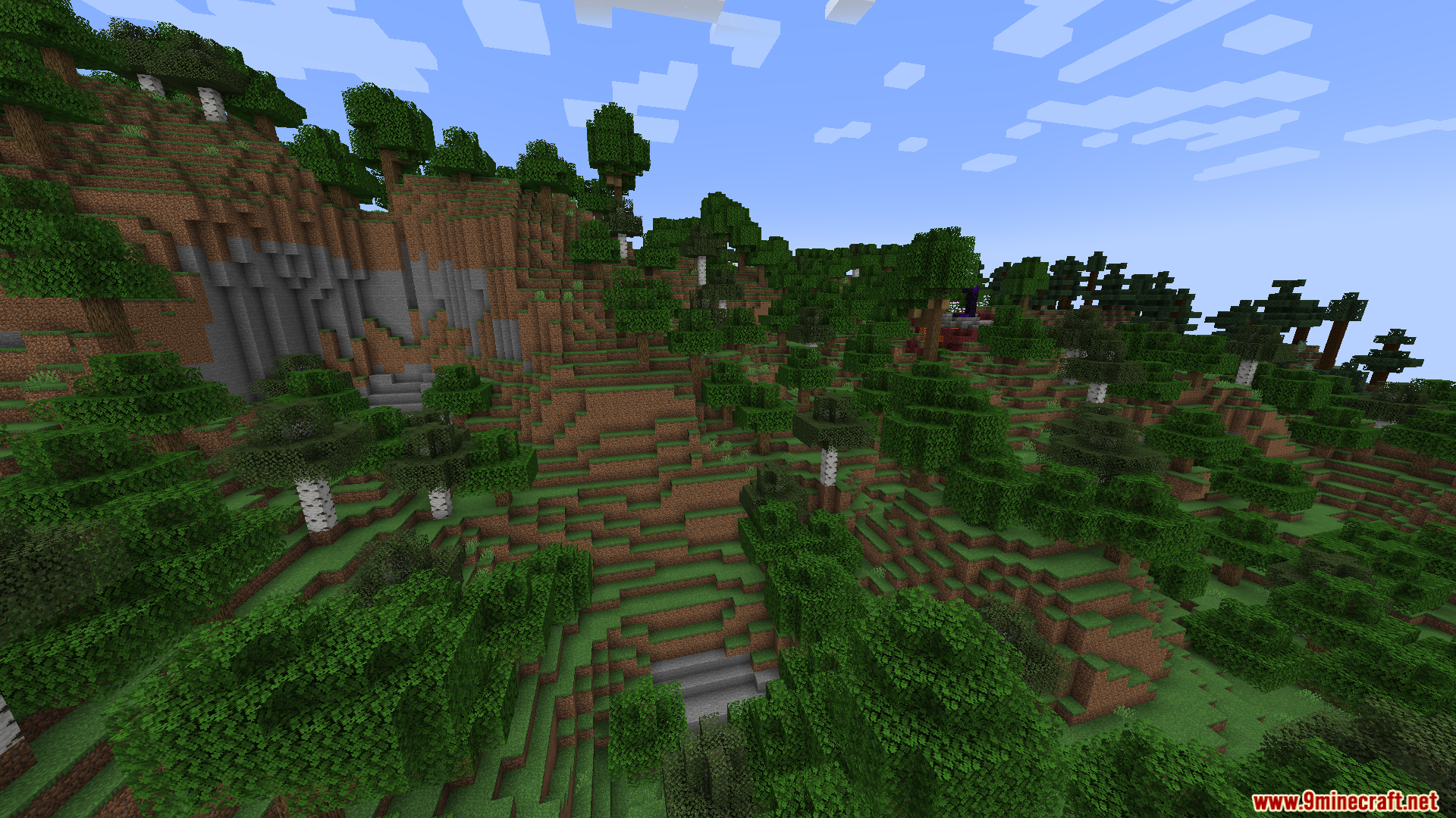 A forest biome with trees and a ruined portal