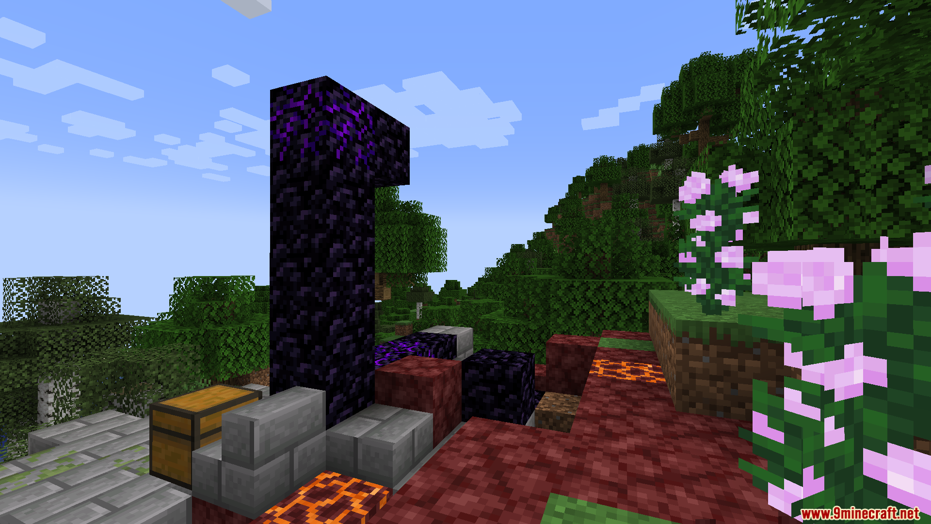 A ruined portal with a chest and crying obsidian