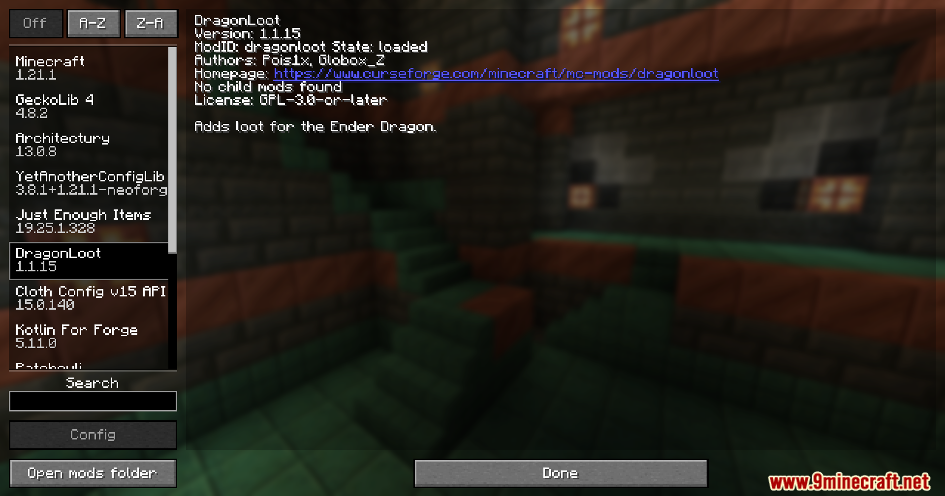 Mod menu screen displaying the DragonLoot mod information and version