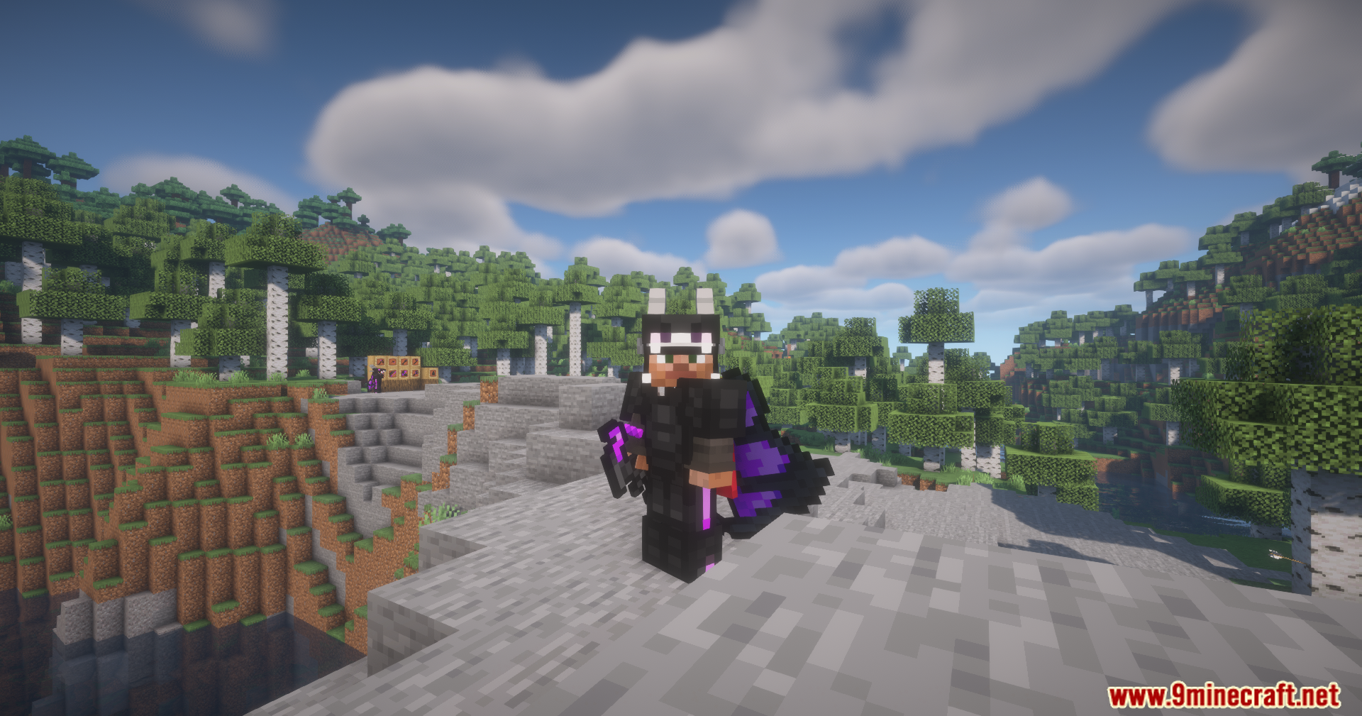 Player showing off the purple winged chestplate from Enderdragon Loot
